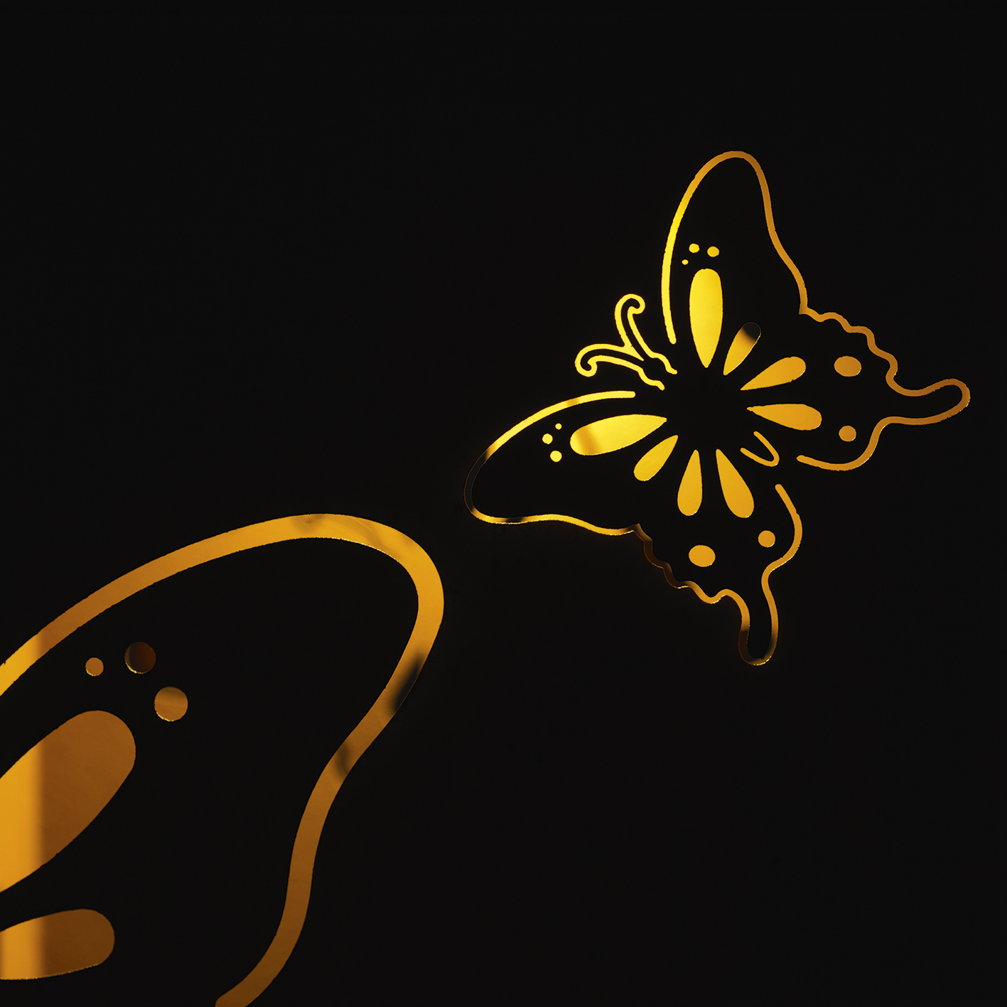 Goldenes Schmetterlingsdesign auf schwarzem Hintergrund. Dekorative Formen, Schatteneffekt.