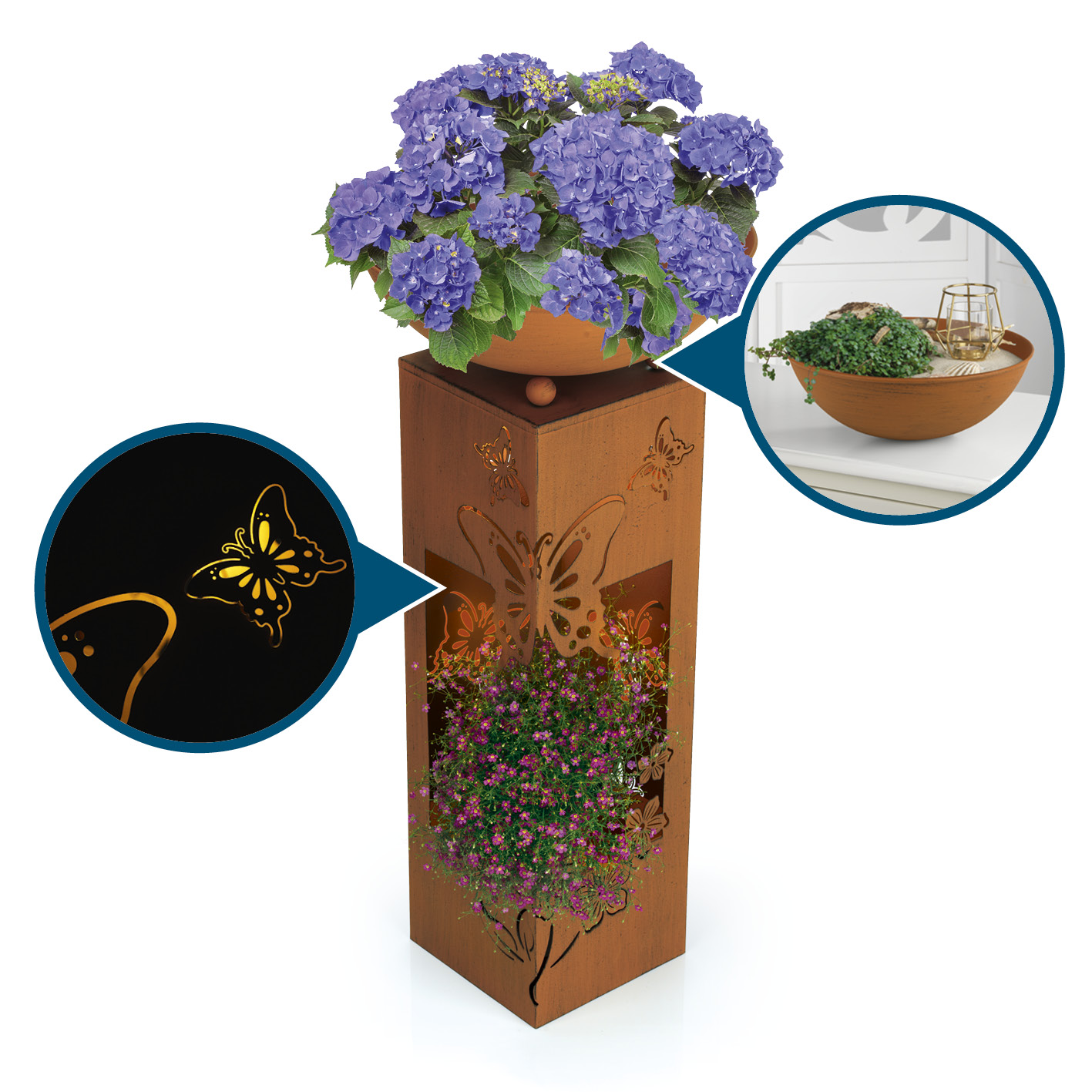 Ein hoher Metall-Blumentopf mit Blumen und einem sekundären Blumentopf oben drauf.