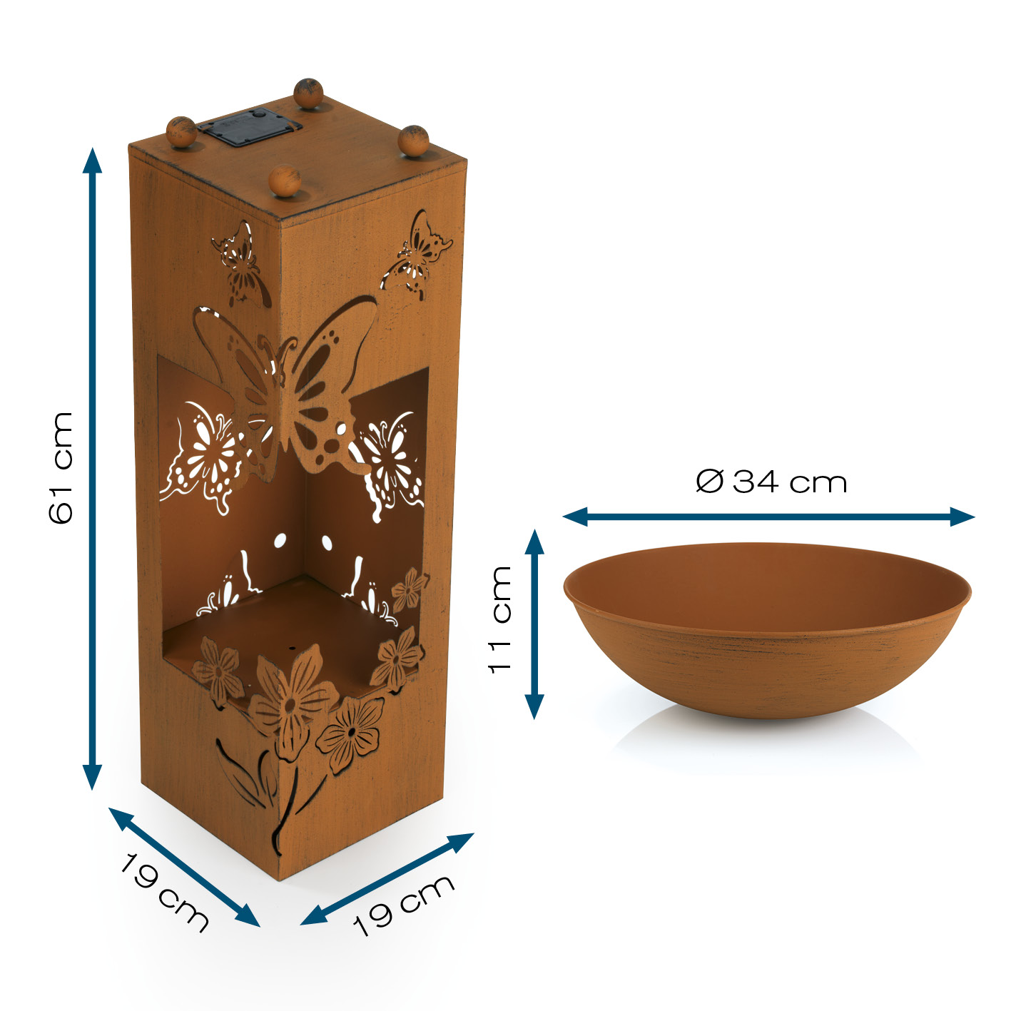 Rostige, dekorative Metallbox mit Schmetterlingsaussparungen und eine Schale.