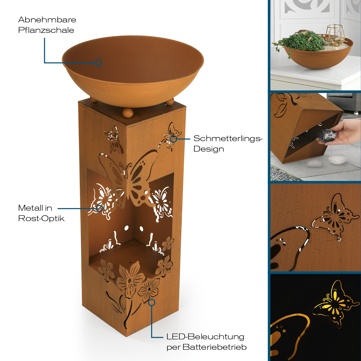 Rostiger Metallpflanzer mit Schmetterlingsdesign, LED-Beleuchtung, in Gartenumgebung.