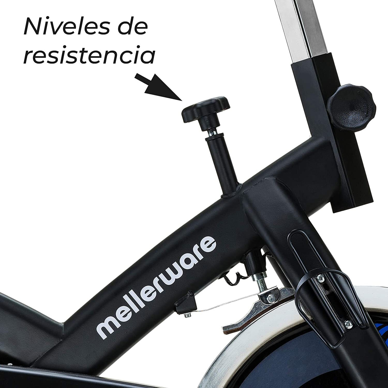 Telaio di cyclette nero con 'mellerware' stampato. Manopola etichettata 'Niveles de resistencia'.