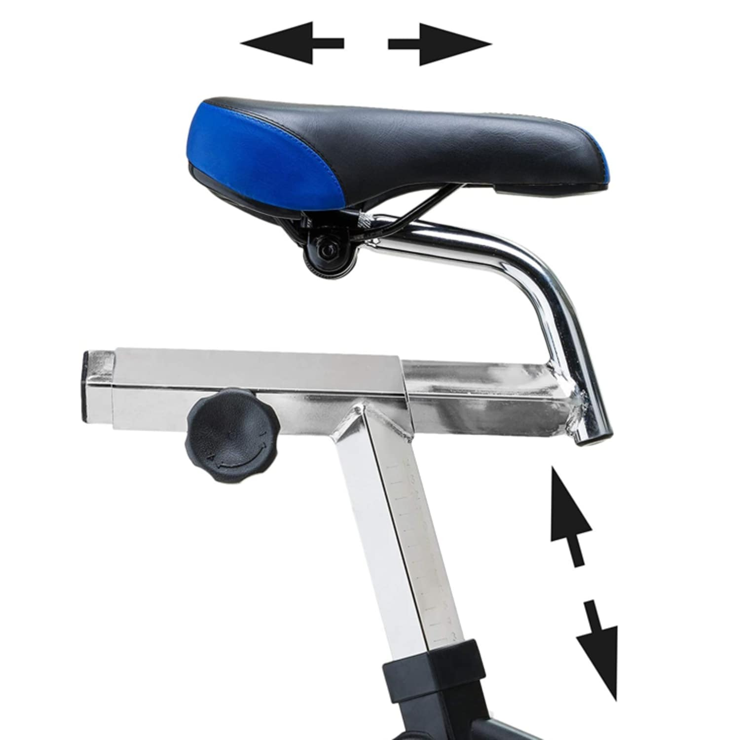 Sellino bici fissa nero e blu. Frecce indicano regolazione altezza.