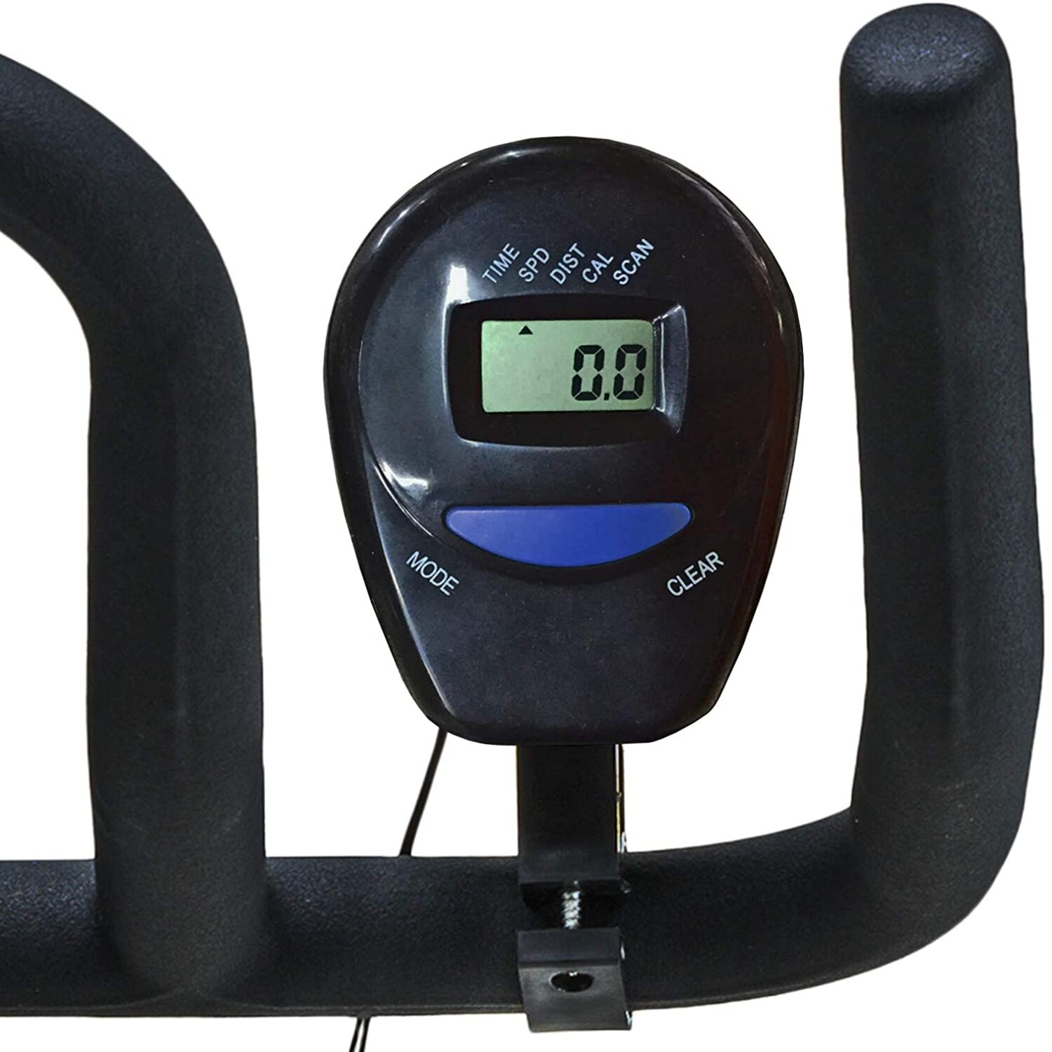 Console di una cyclette nera che mostra tempo, velocità, distanza, calorie e scansione.