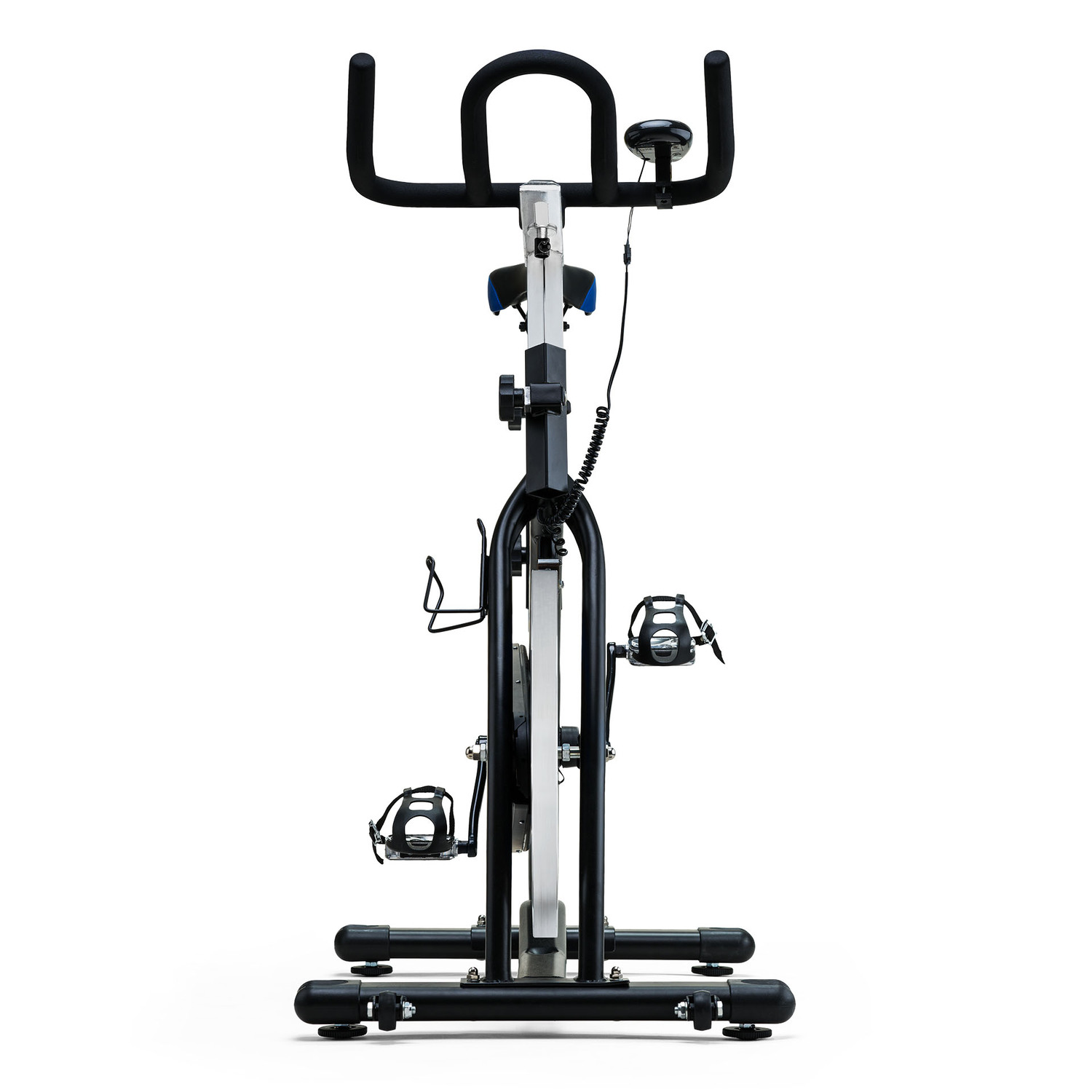 Bicicletta da ginnastica, telaio nero e argento. Ha pedali, sella e manubrio.