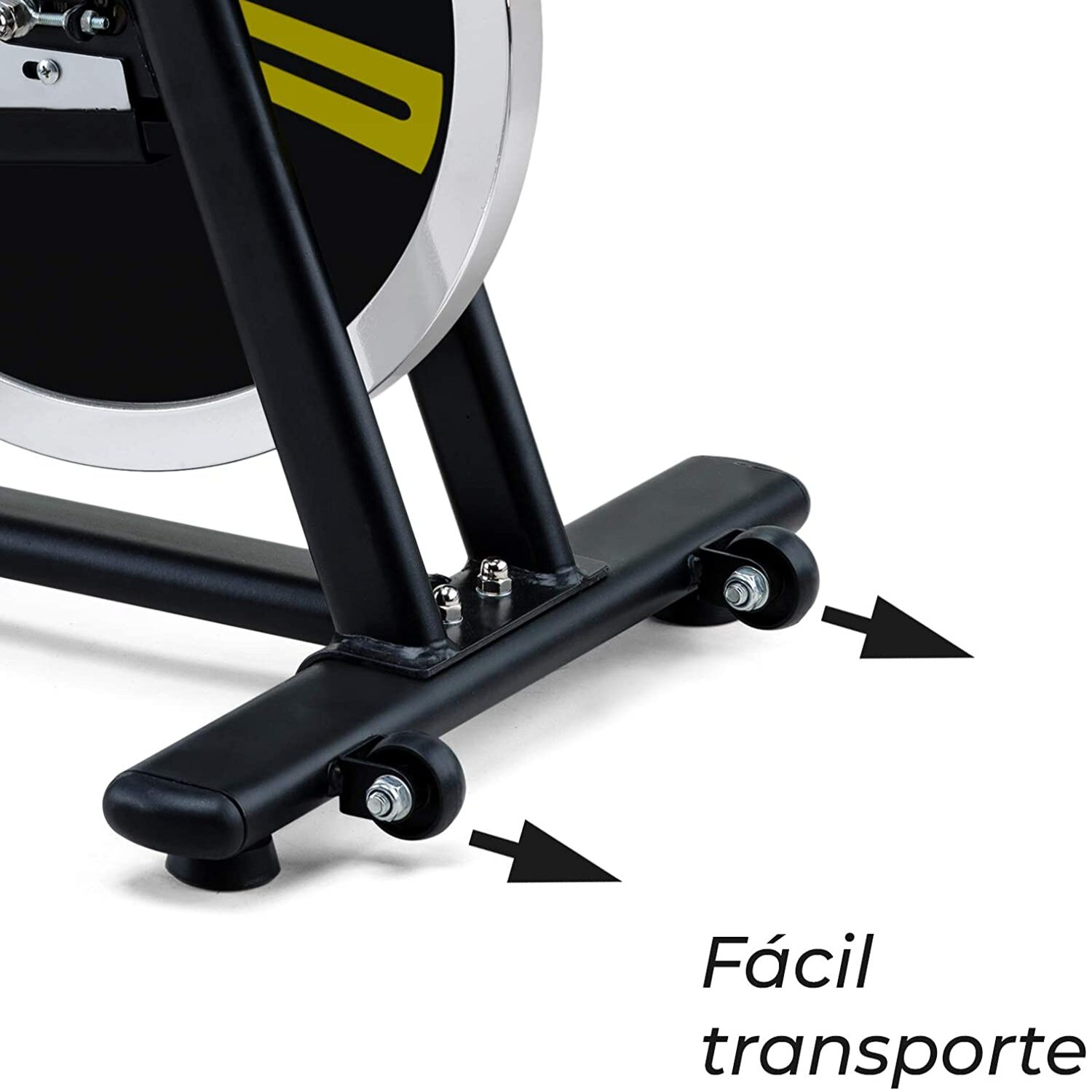 Primer plano de la base de una bicicleta estática con ruedas y texto: Fácil transporte.
