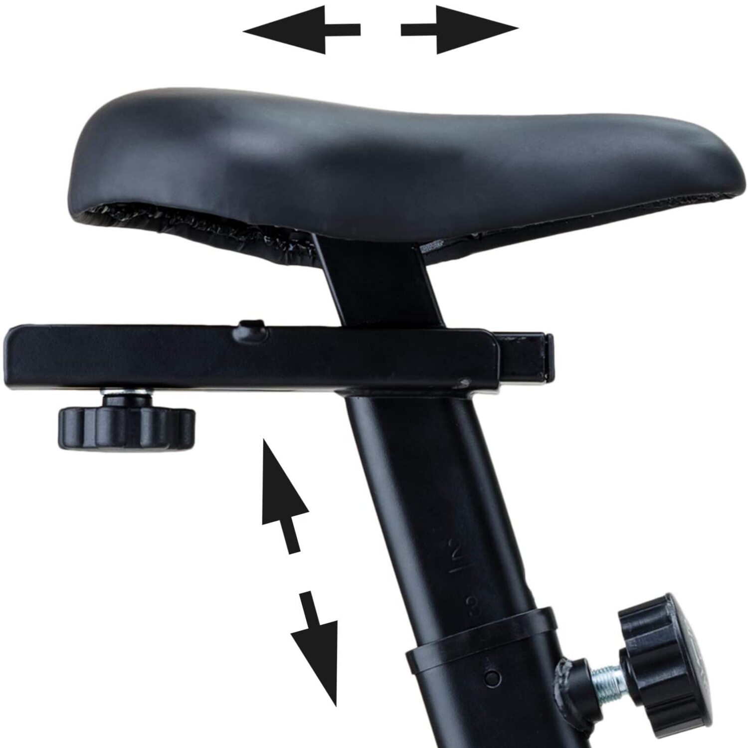 Asiento de bicicleta estática con flechas que indican ajustes arriba/abajo y adelante/atrás.