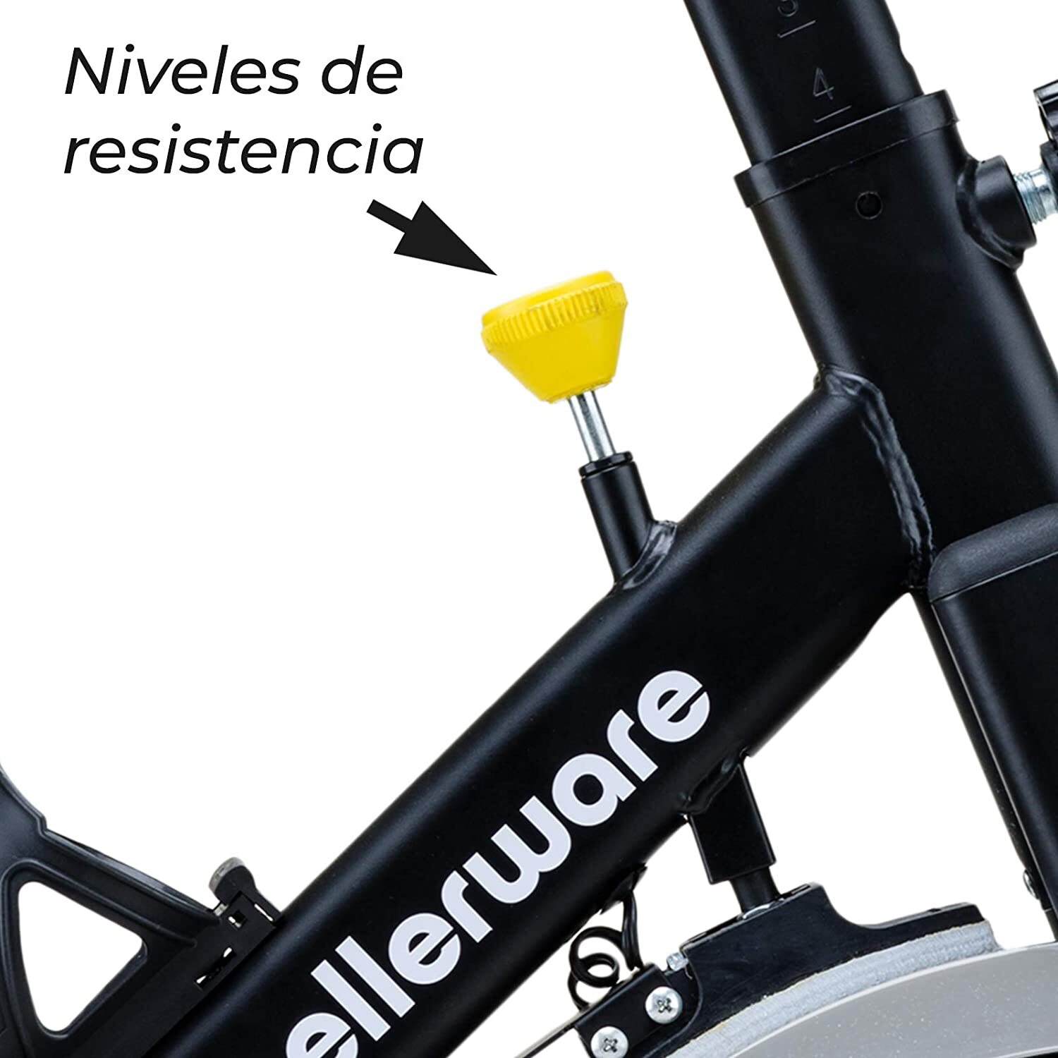 Una bicicleta estática negra con una perilla amarilla que dice 'niveles de resistencia'.