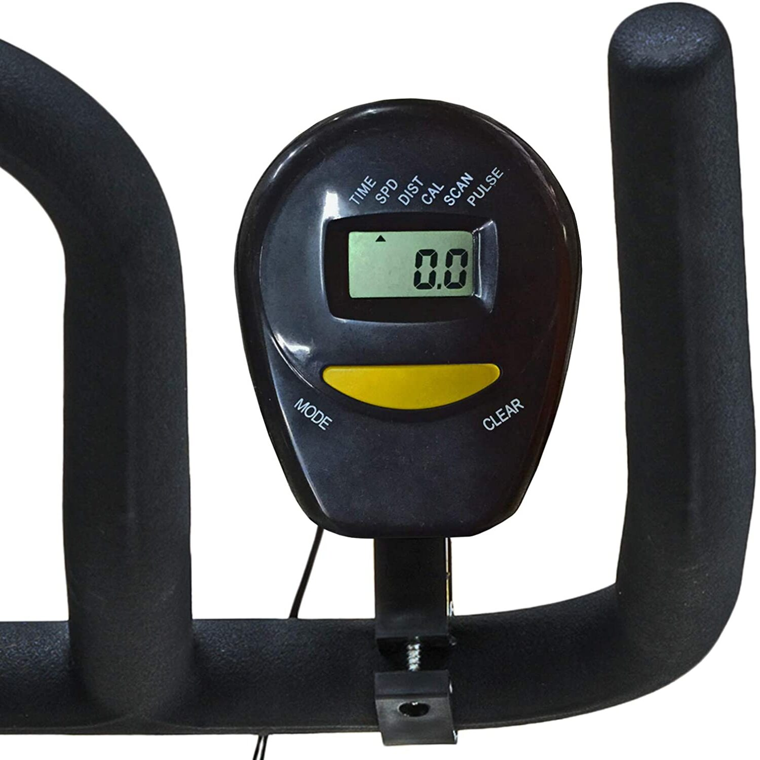 Consola de bicicleta estática negra. Pantalla digital muestra 0.0. Manillar negro. Primer plano.