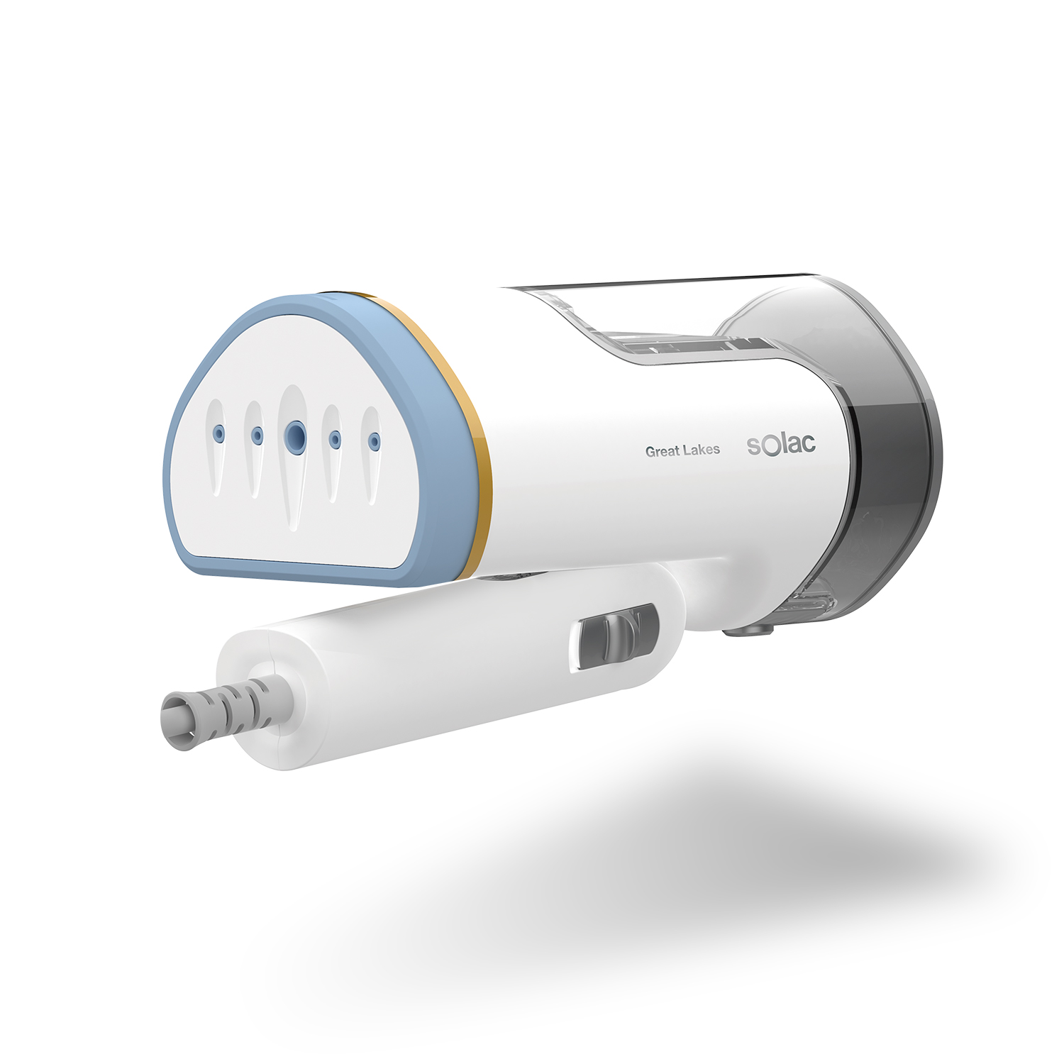Un vaporizador portátil blanco y azul con detalles grises, en ángulo sobre un fondo blanco.