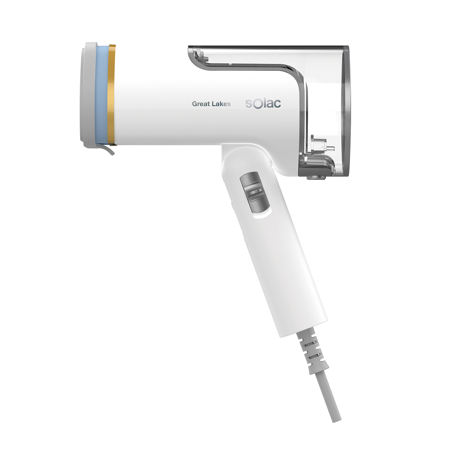 Vaporizador de viaje Solac blanco con depósito de agua transparente, acento dorado y cable de alimentación gris.