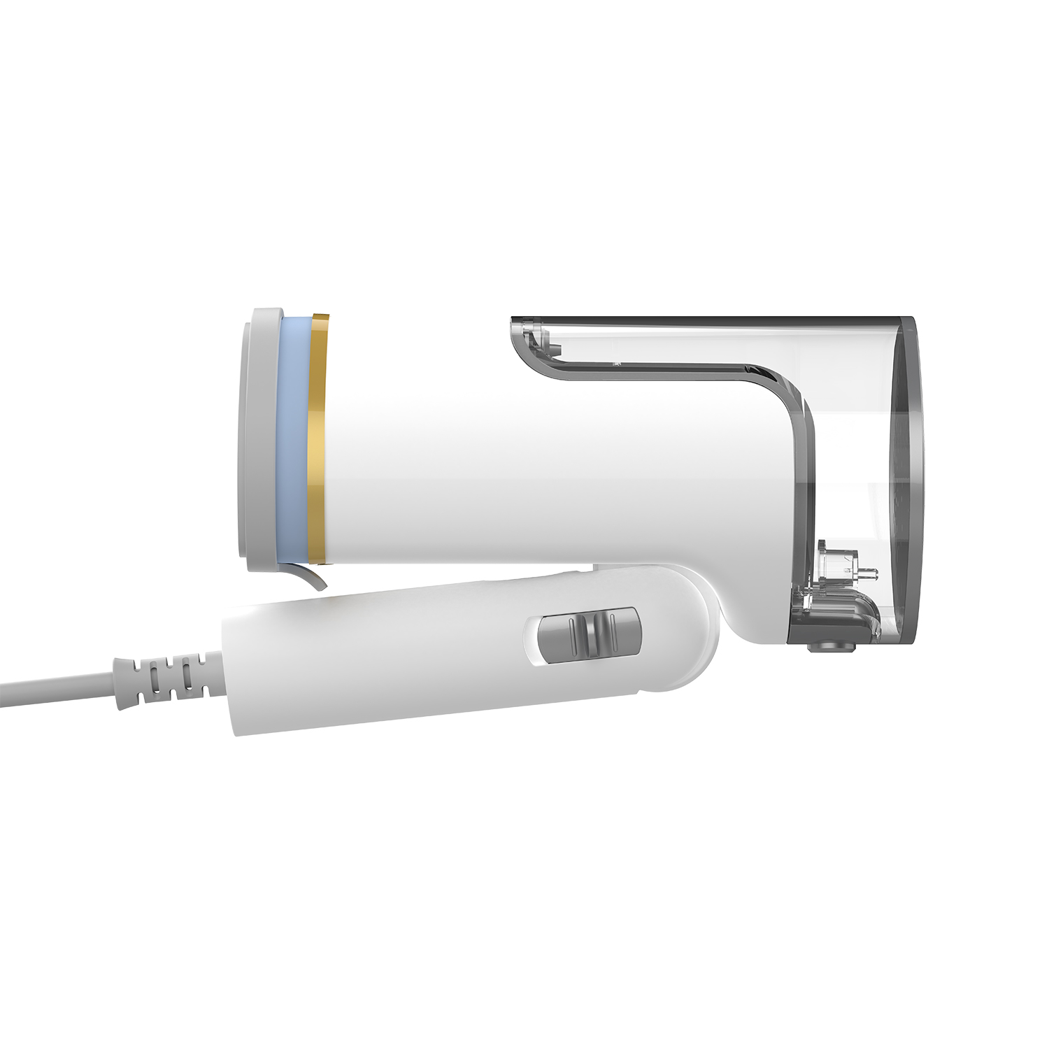 Afeitadora eléctrica blanca. Tiene una cubierta protectora y un cable de carga.