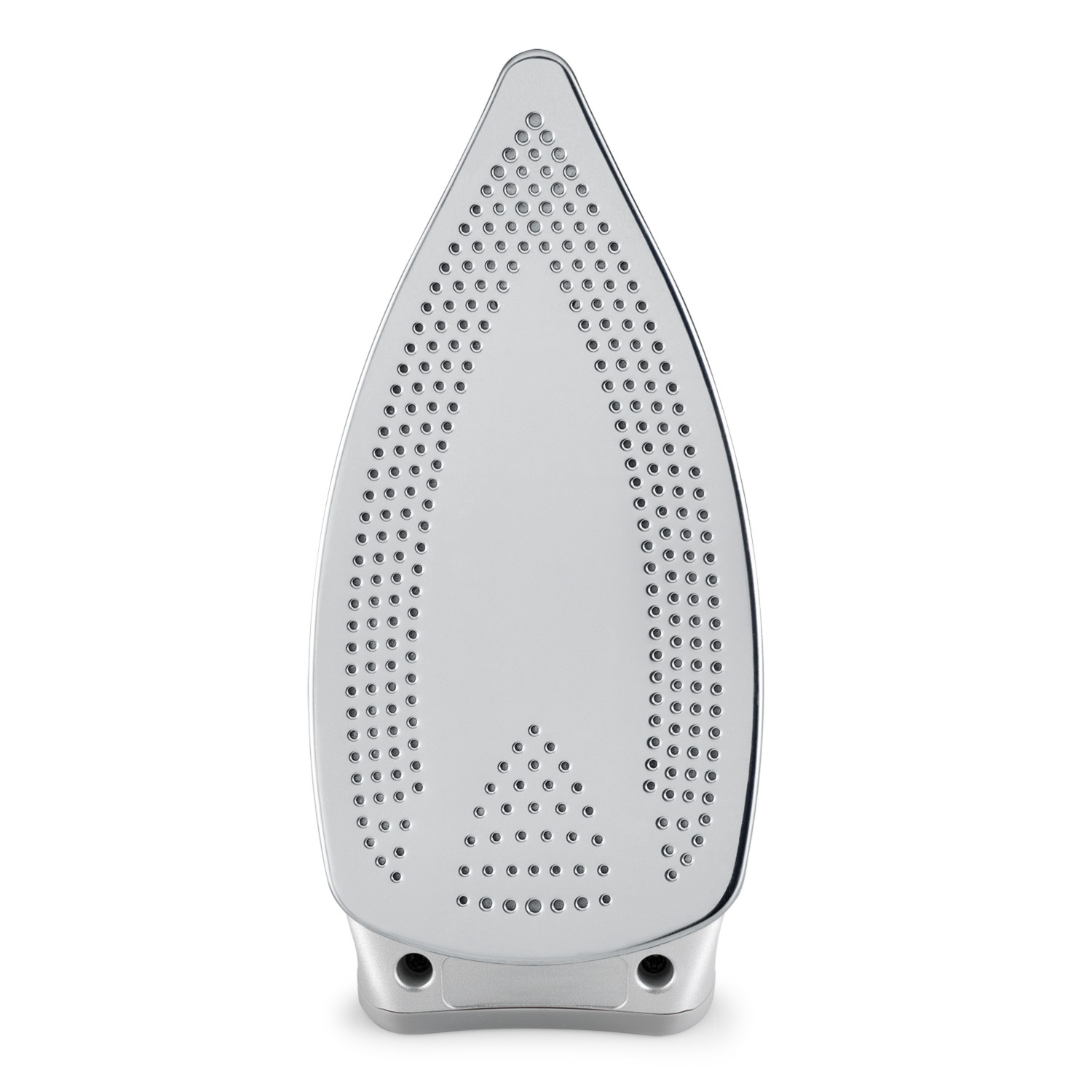 Plancha plateada con muchos agujeros pequeños. La base tiene dos agujeros para vapor.