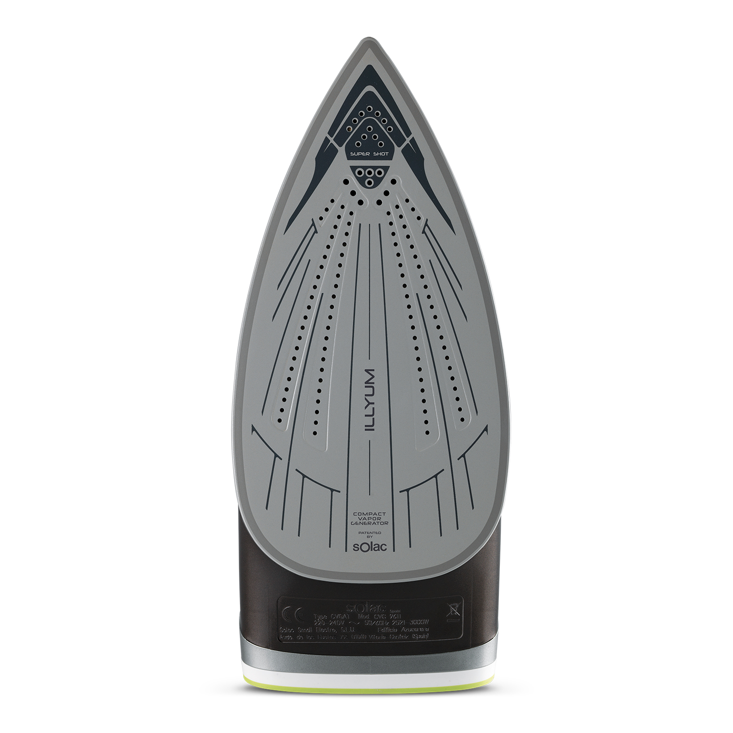 Spód szarego i czarnego żelazka, pokazujący stopę z otworami i zielonym akcentem.