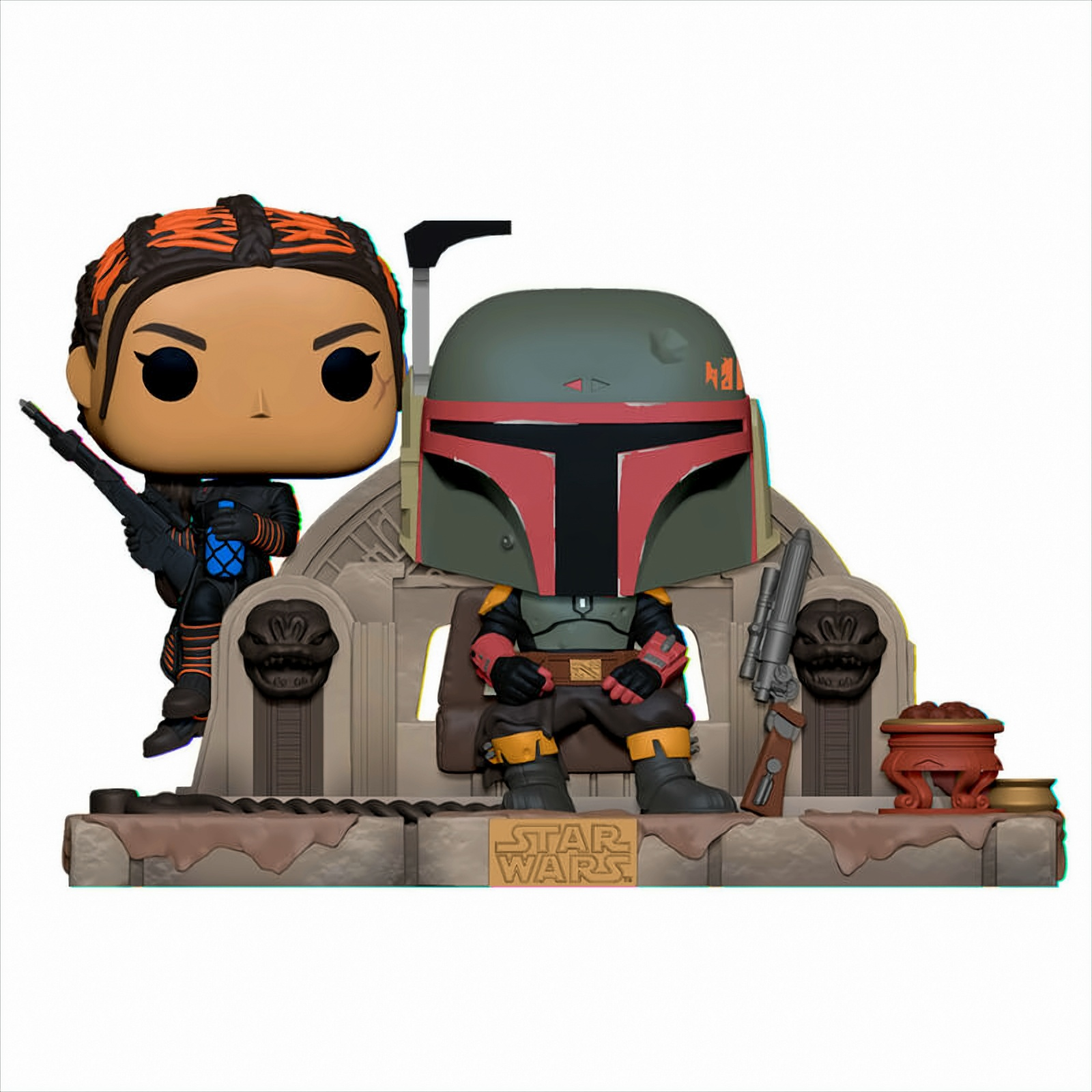 Figurine di Star Wars di Boba Fett e Fennec Shand su una base a forma di trono.