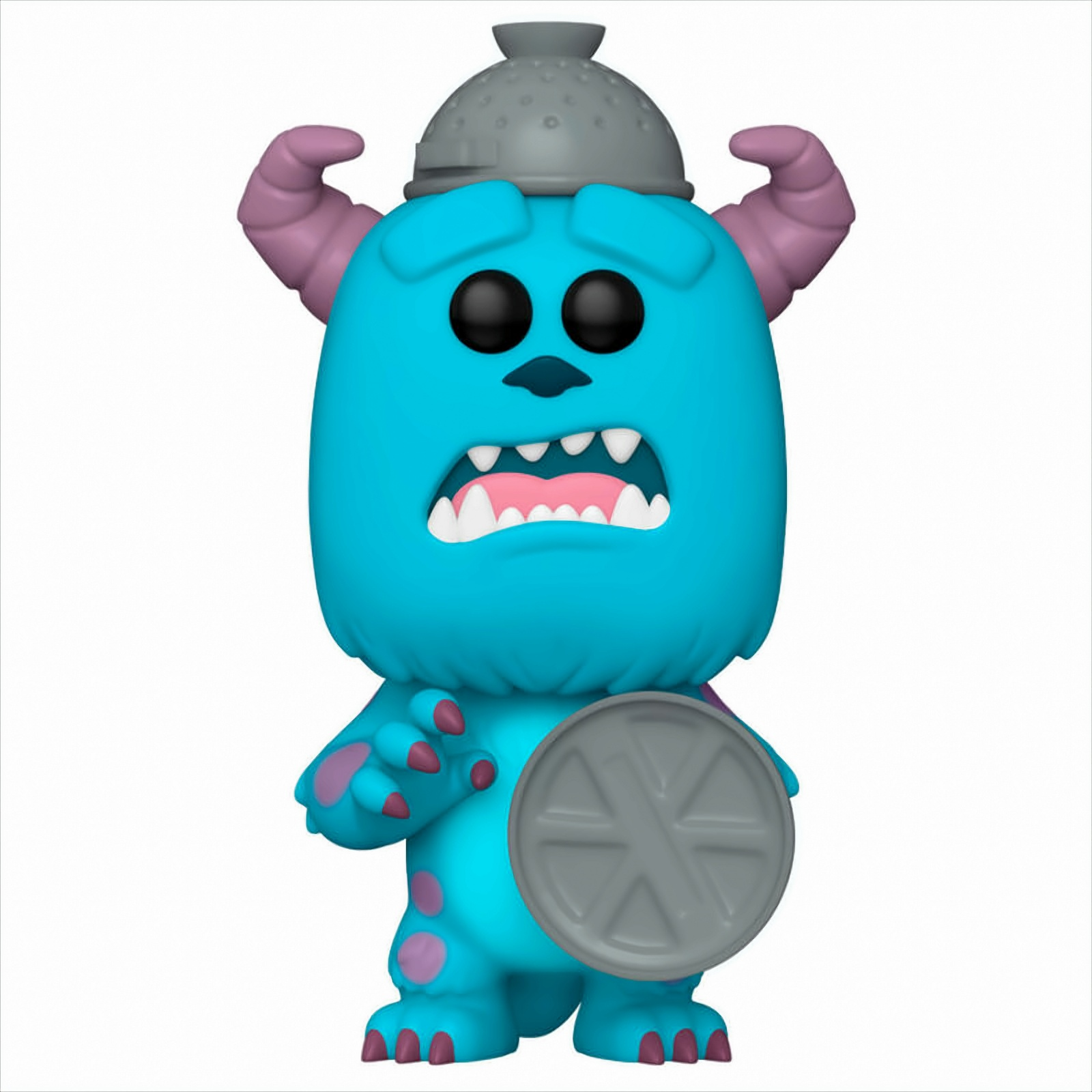 Una figura Funko Pop di Sully blu con un elmetto e uno scudo. La figura ha un'espressione preoccupata.
