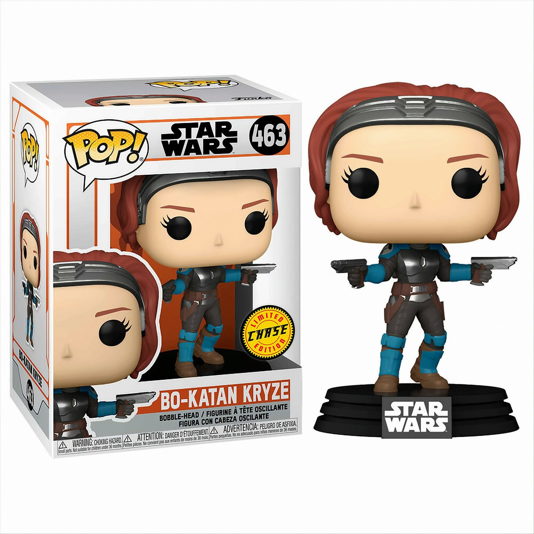 Eine Star Wars Bo-Katan Kryze Funko Pop-Figur mit Box. Sie hält zwei Blaster und trägt einen Helm.