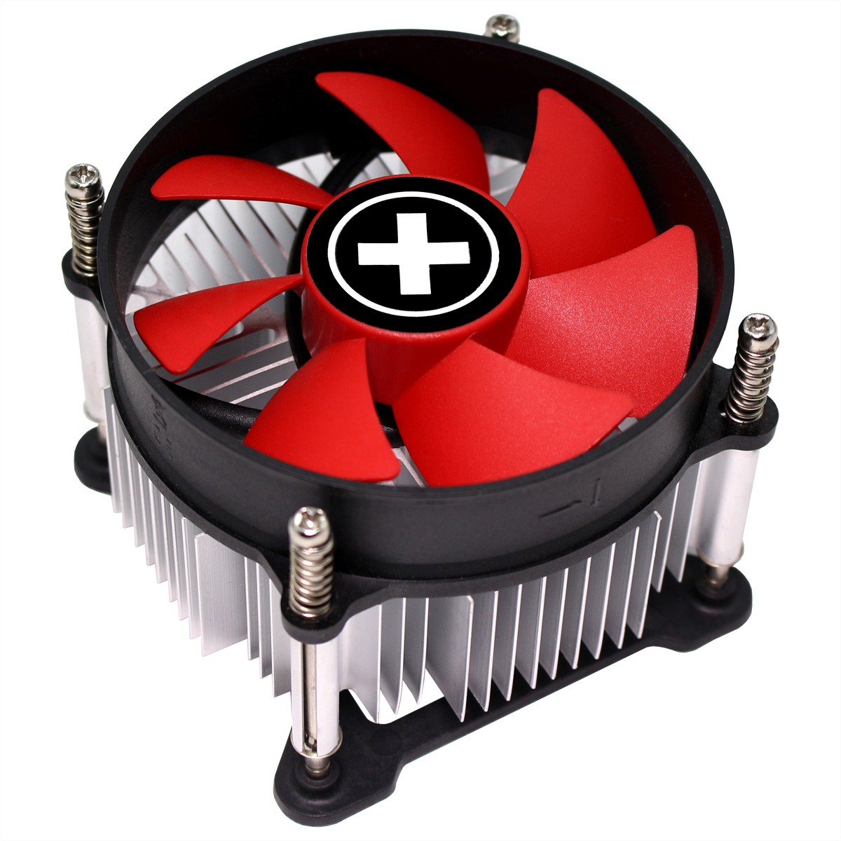 Ein CPU-Kühler mit rotem Lüfter und schwarzem Rahmen. Er steht auf einer weißen Oberfläche.