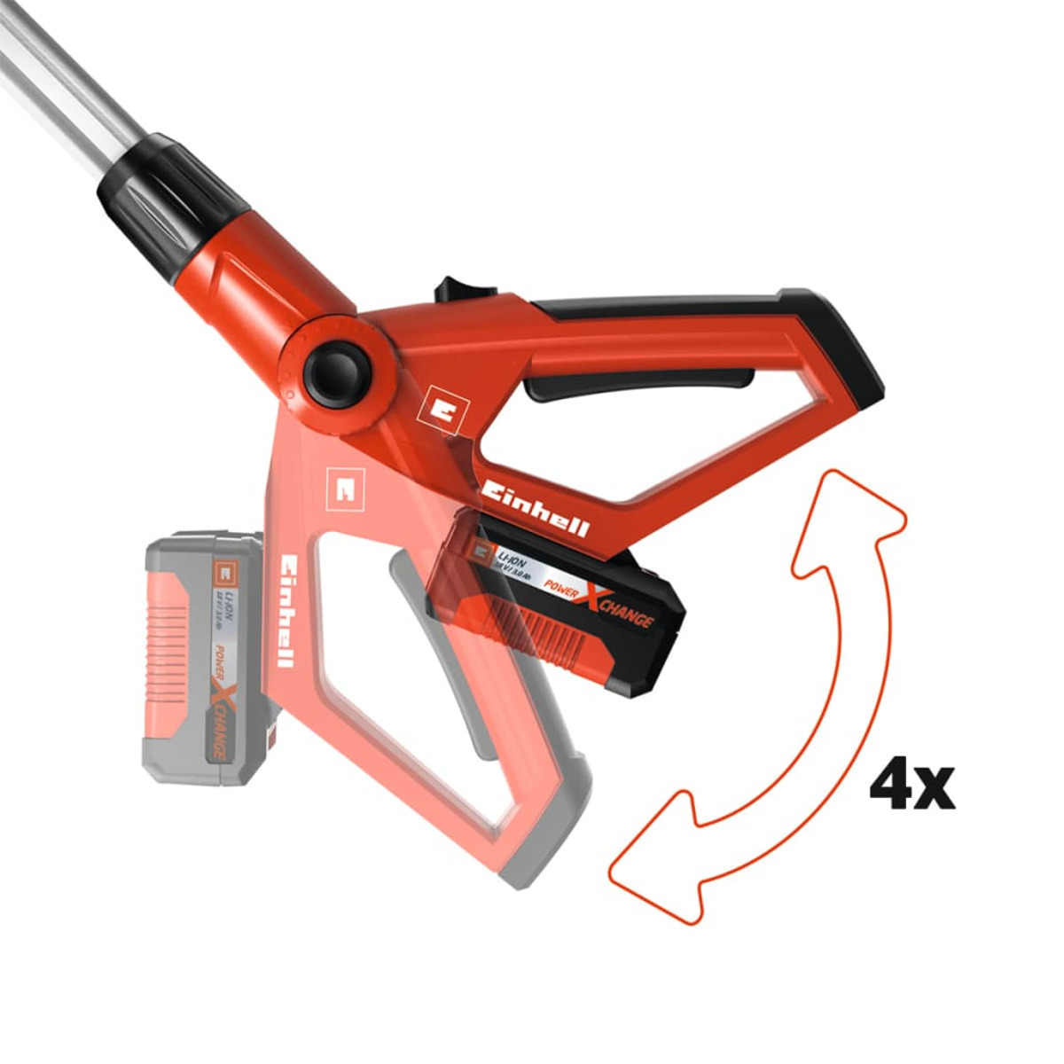 Rotes und schwarzes Akku-Elektrowerkzeug von Einhell. Pfeil zeigt Drehfunktion.