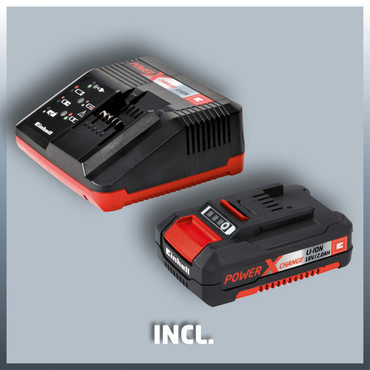 Czarno-czerwona ładowarka do akumulatora i czarno-czerwony akumulator. Marka Einhell.