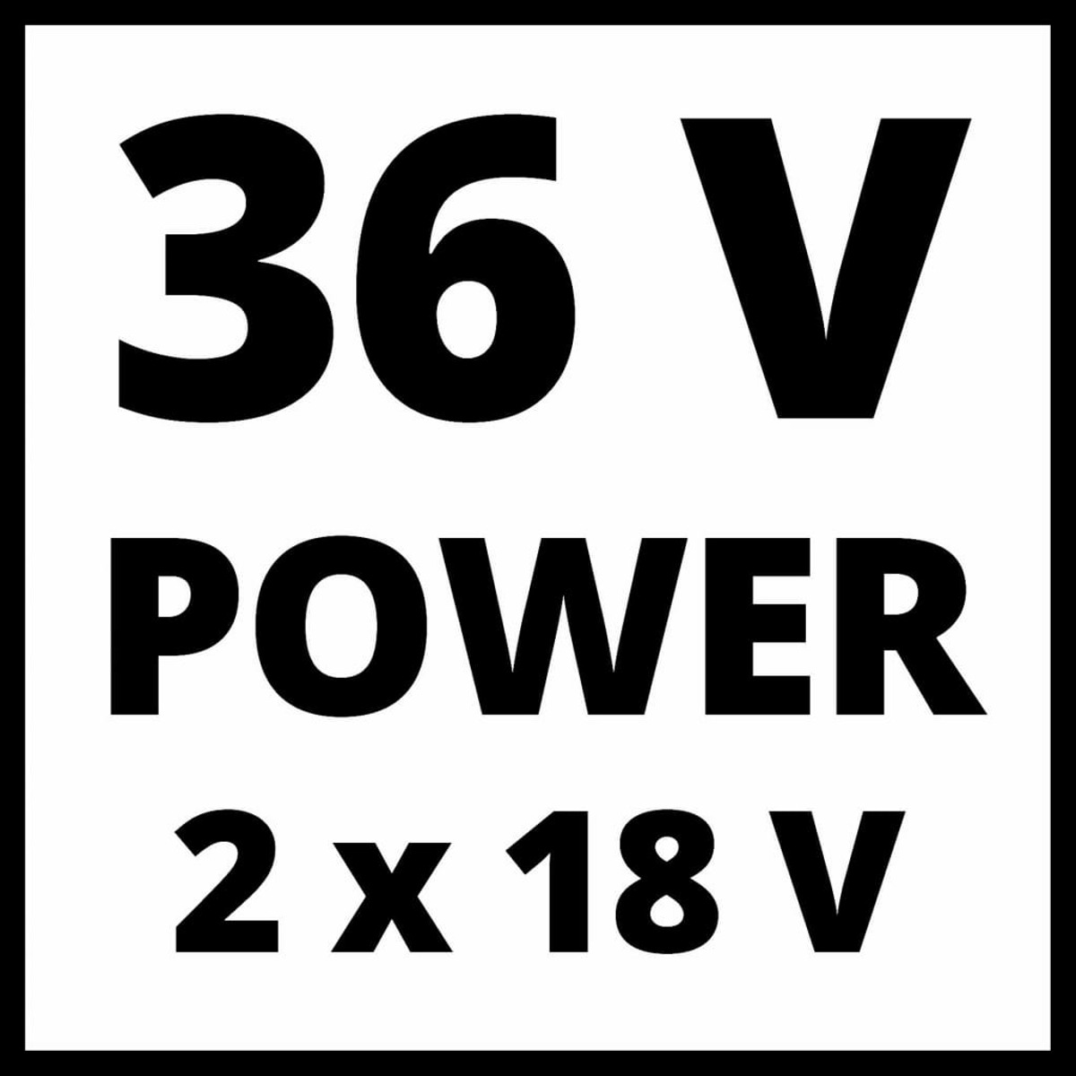 Ein schwarzes Quadrat mit dem Text '36 V POWER 2 x 18 V' in weißem Text.