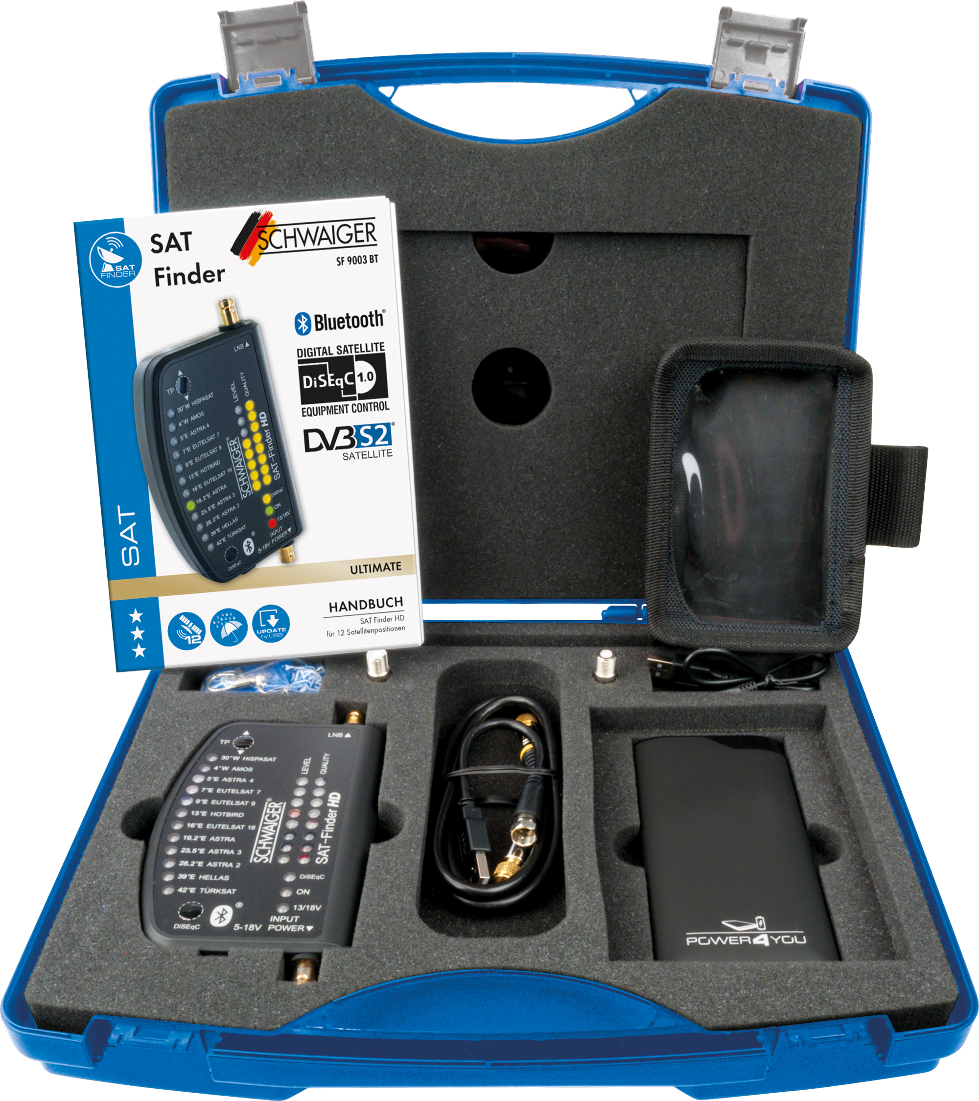 Blauer Koffer mit Satellitenfinder und Zubehör. Enthält einen Finder, Kabel und eine schwarze Box.