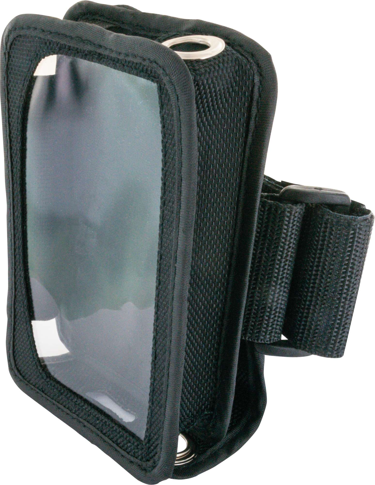 Ein schwarzer Telefon-Armband mit einem durchsichtigen Kunststofffenster für ein Telefon. Es hat einen Gurt.