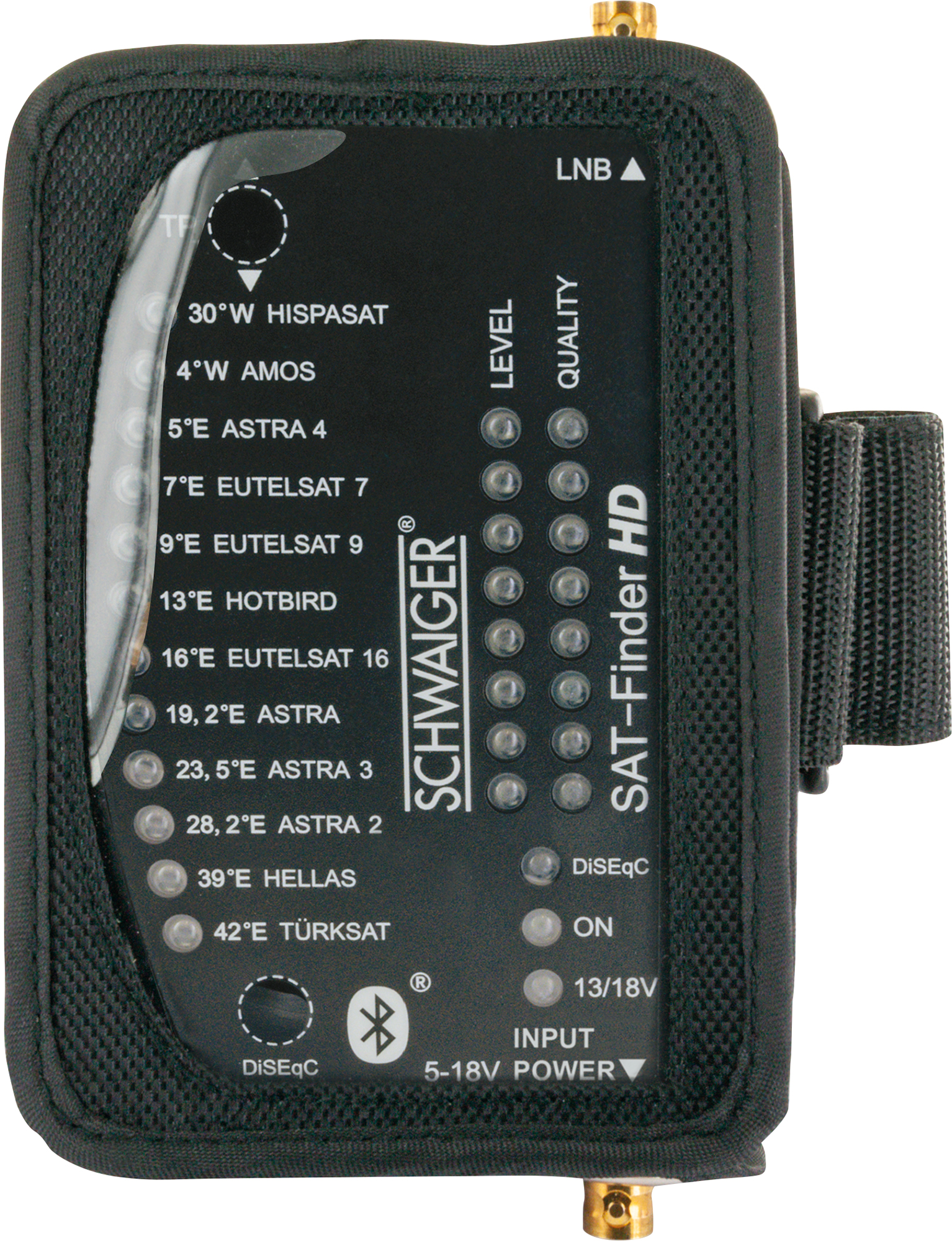Ein schwarzes SAT-Finder HD-Gerät mit verschiedenen Anschlüssen und Signalanzeigen.