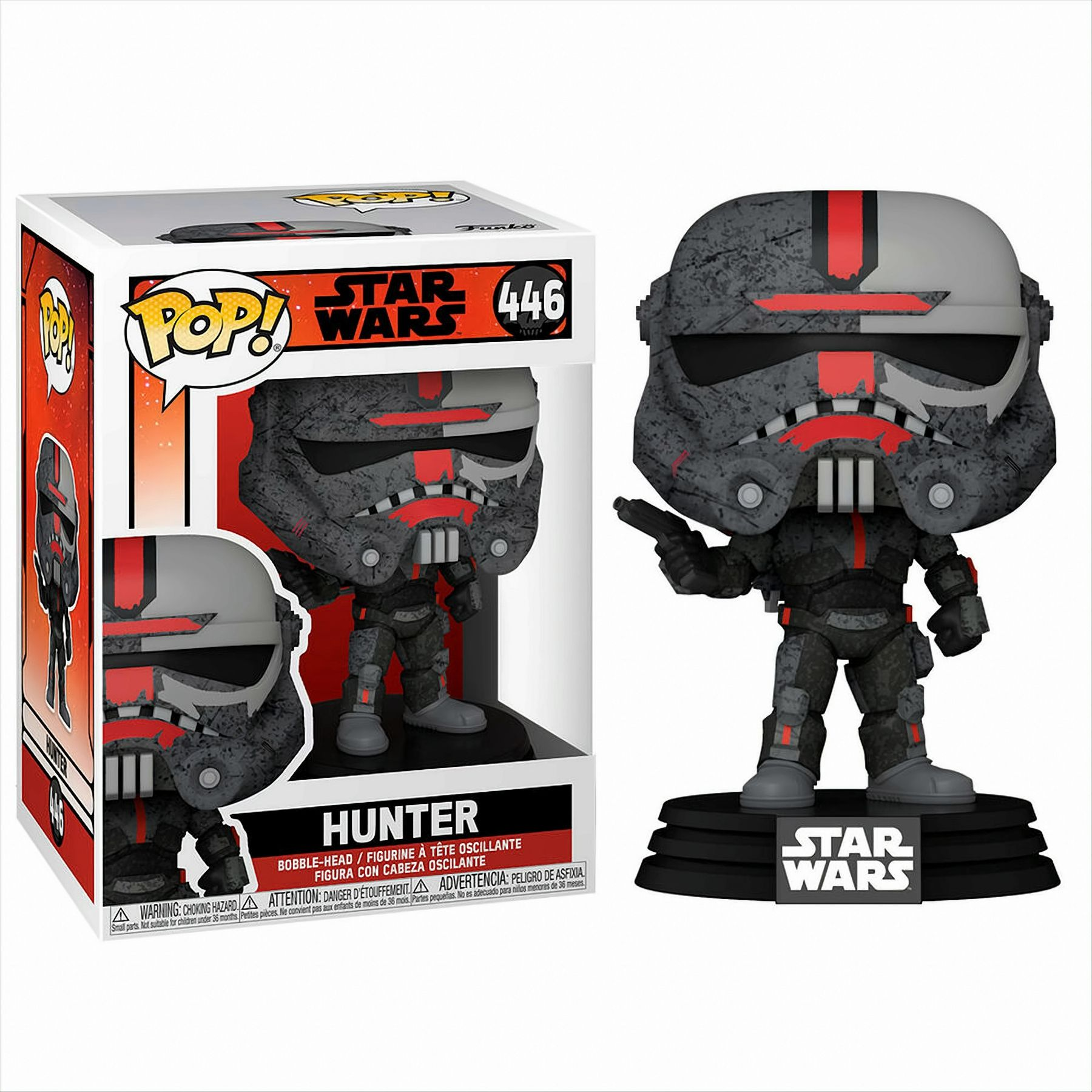 Star Wars Hunter Funko Pop Figur mit Box. Weißer Hintergrund.