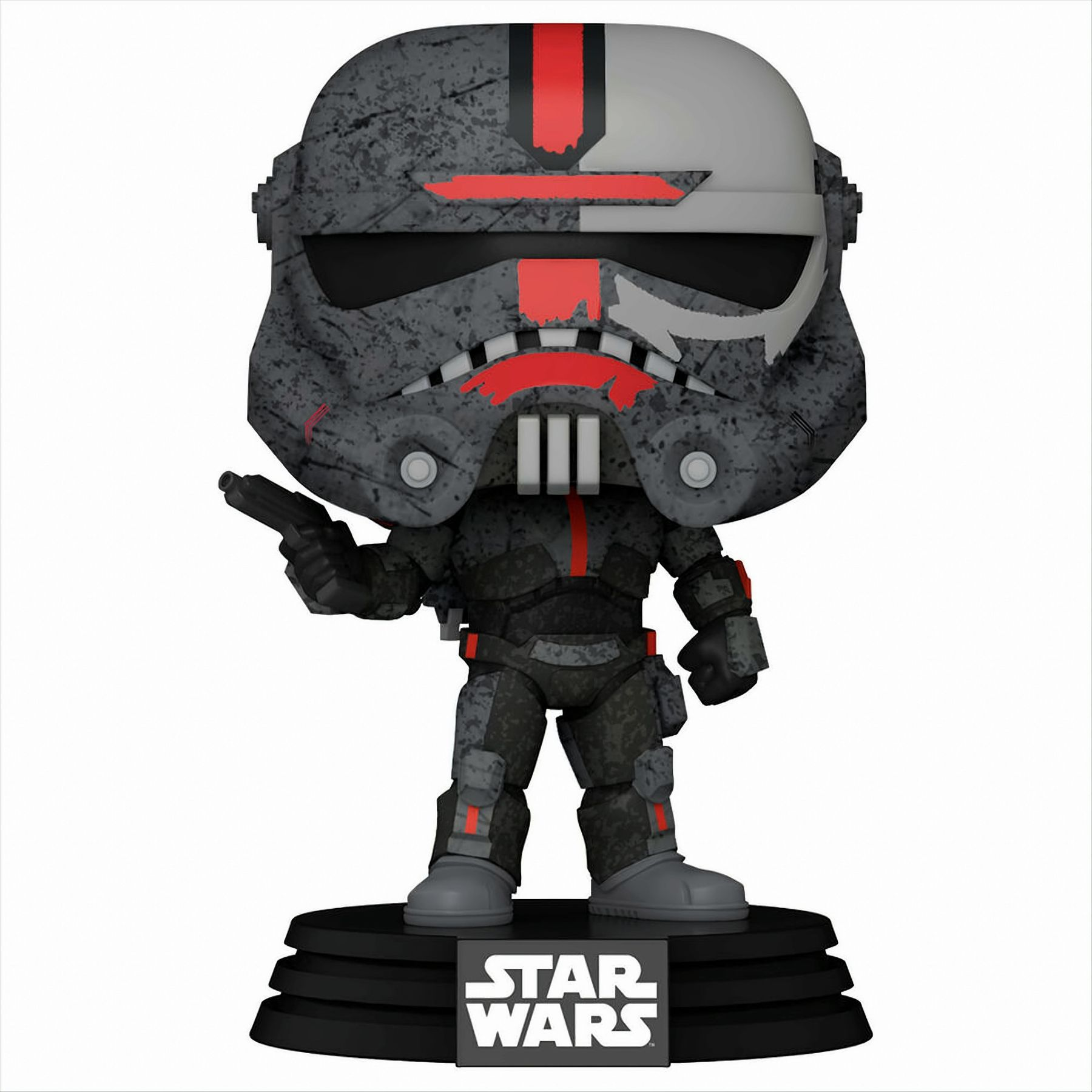 Star Wars The Bad Batch Hunter Figur mit einer Waffe auf schwarzer Basis, weißer Hintergrund.