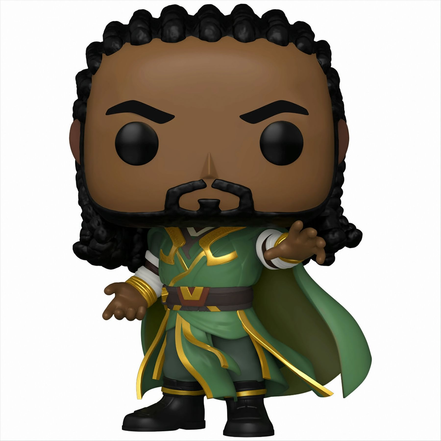 A Funko Pop figure of a man in green robes with a cape. He has a beard and long black hair.