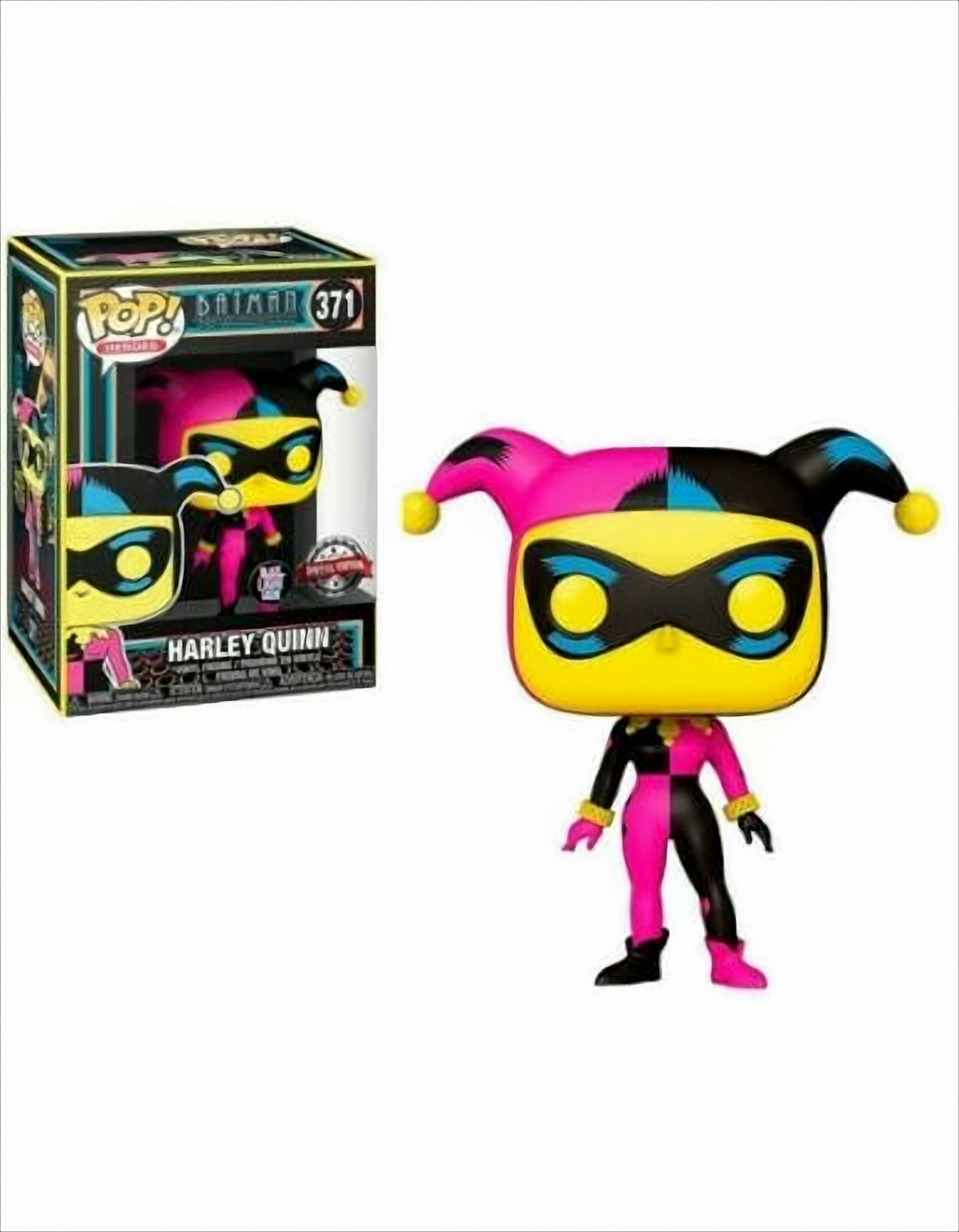 Figura Funko Pop di Harley Quinn con scatola. La figura ha un costume rosa e nero. La scatola è nera, gialla e verde acqua.