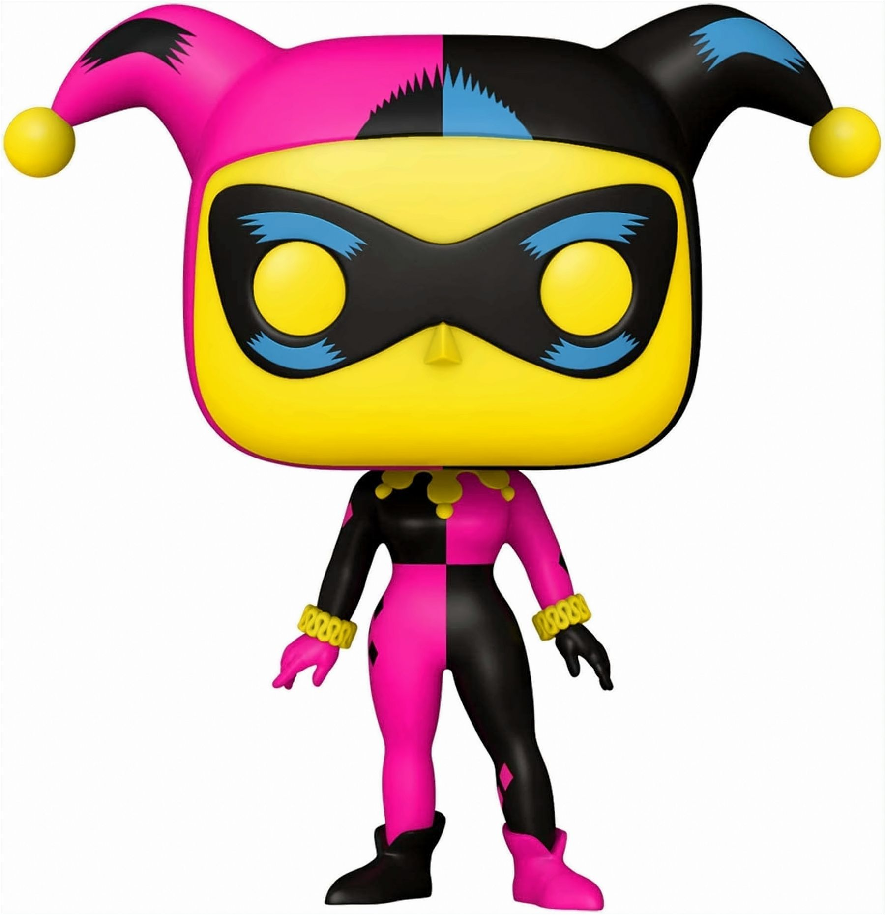 Statuetta Funko Pop di Harley Quinn. Costume rosa e nero, viso giallo e maschera blu.