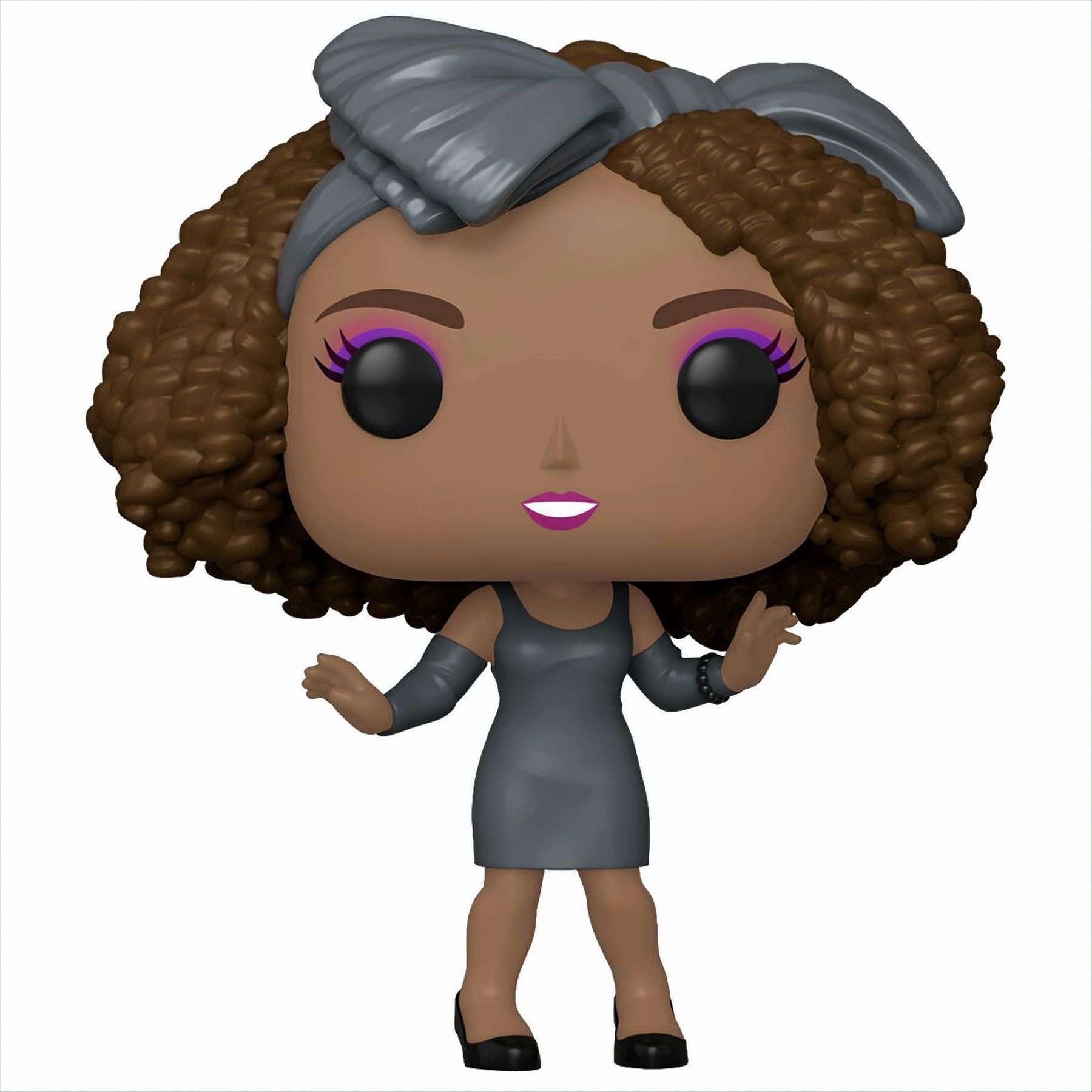 Figurka Funko Pop czarnoskórej kobiety z kręconymi włosami, w szarej sukience i opasce.