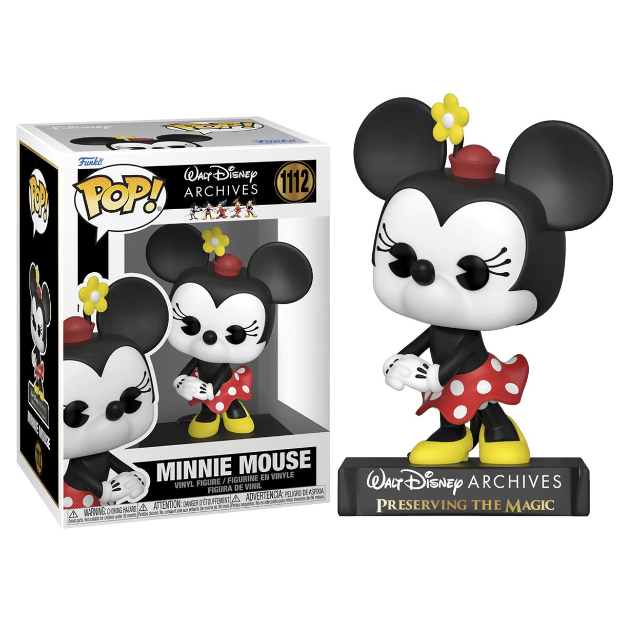 Minnie Mouse Figur in einer Box, mit weißer Box und Minnie stehend.