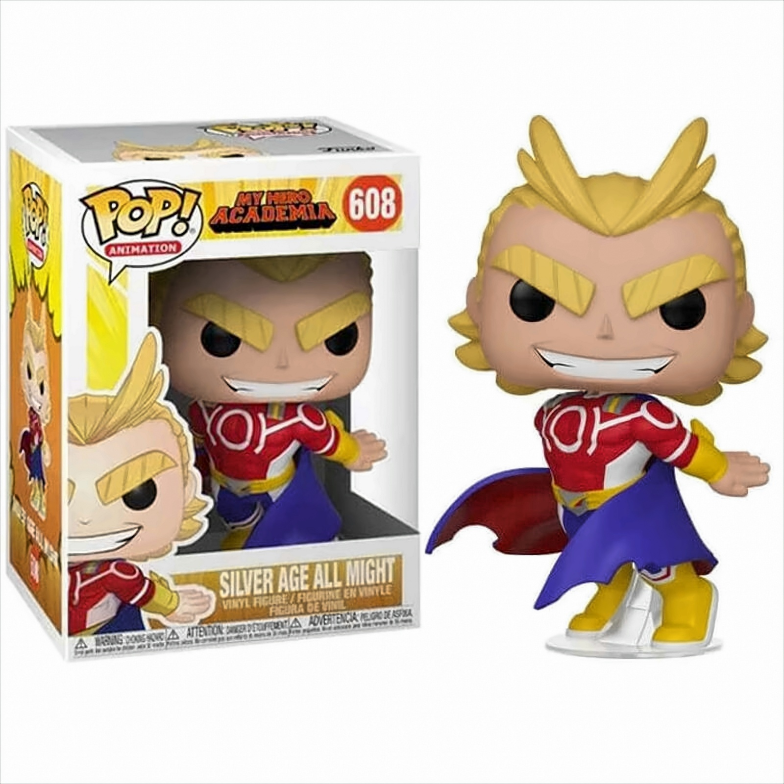 Figurka All Might z My Hero Academia, z pudełkiem. Figurka jest w heroicznej pozie.