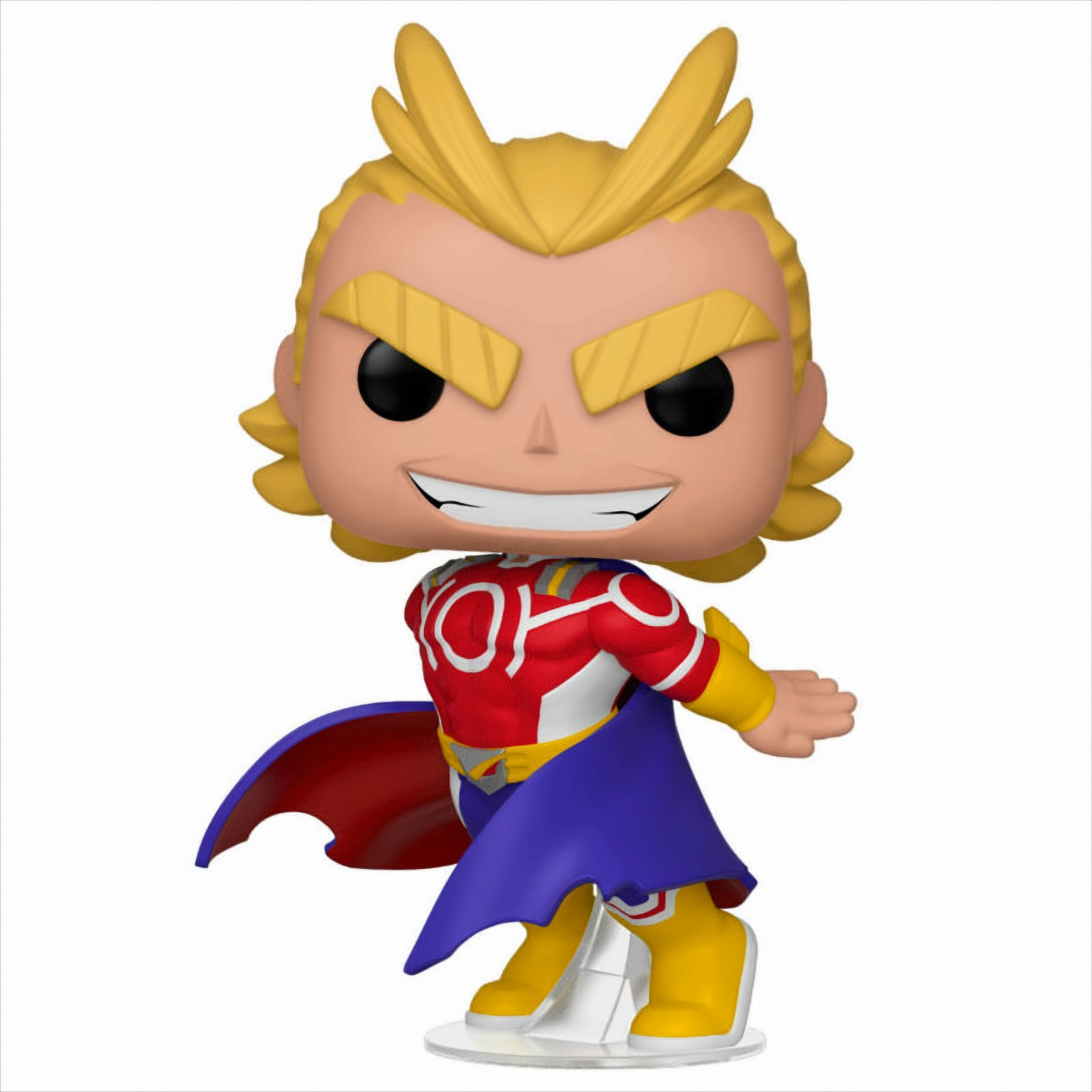 Figurka Funko Pop blond, umięśnionego superbohatera w czerwono-niebieskim kostiumie, uśmiechniętego.