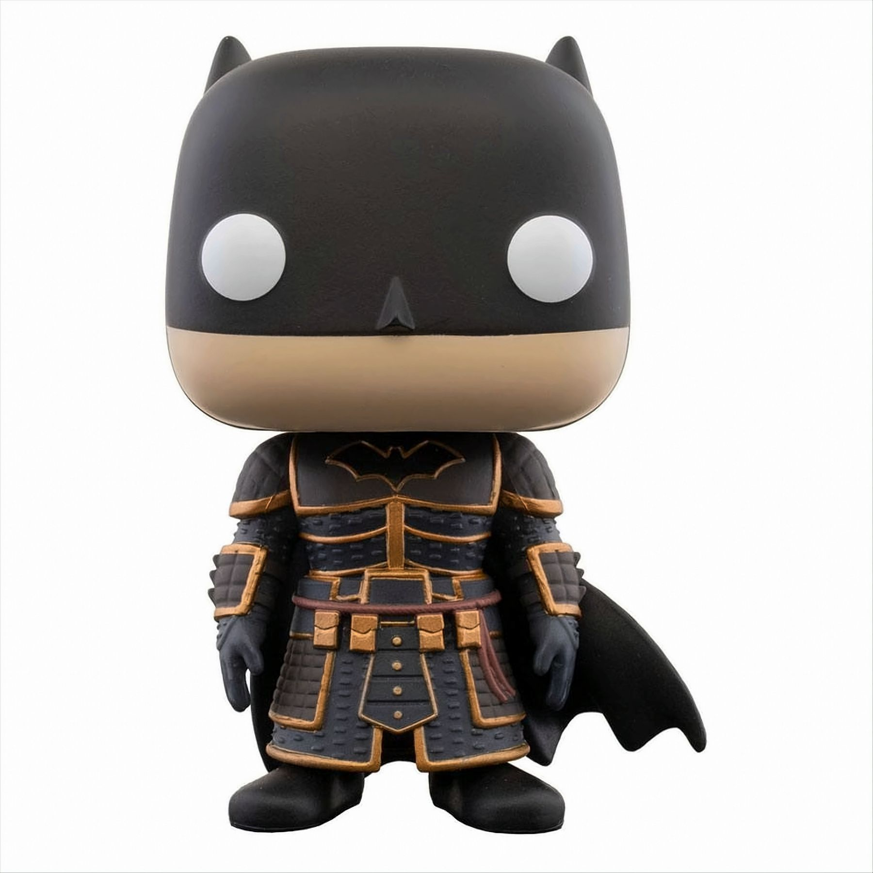 Statuetta di Batman con armatura nera e dettagli oro, in piedi.