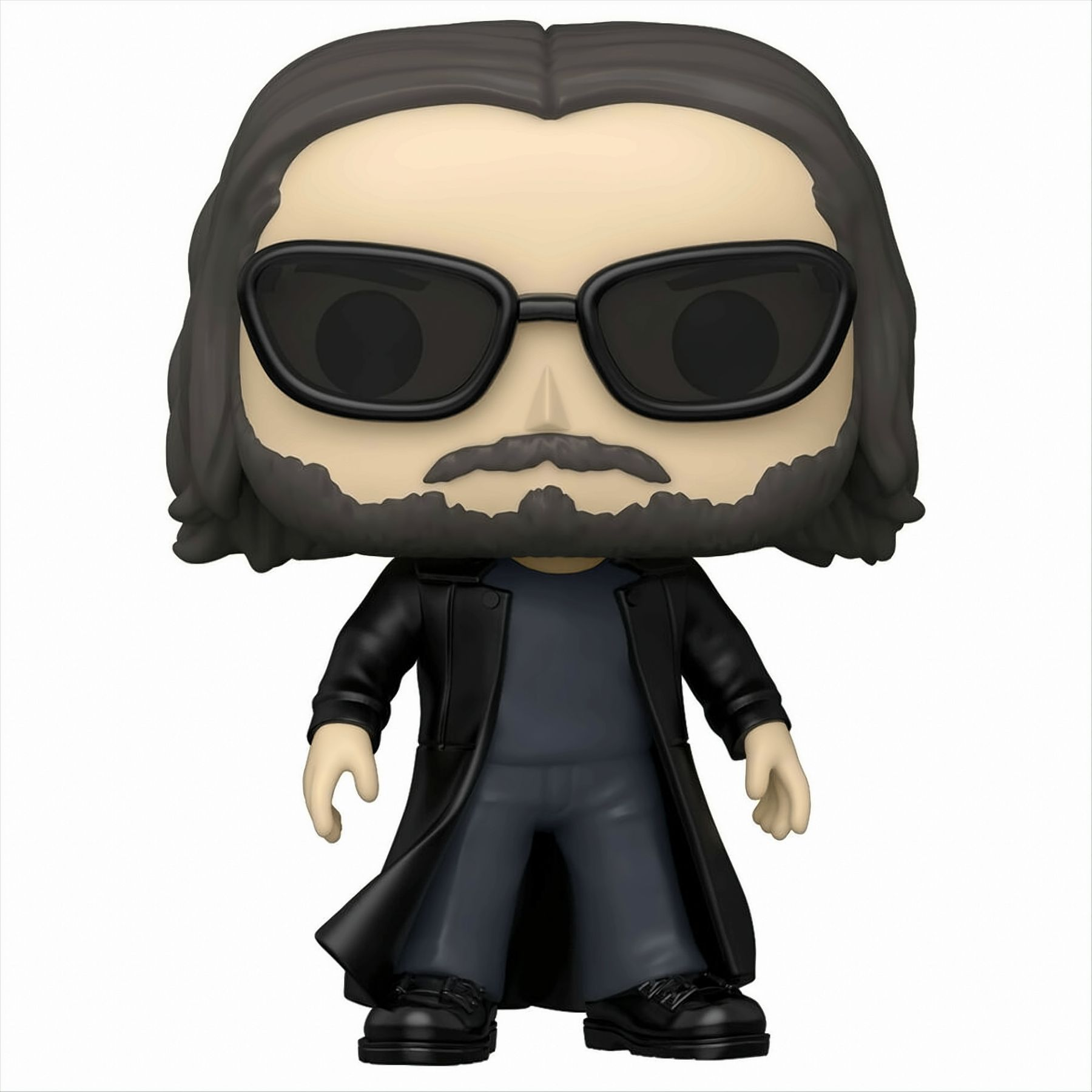 Statuetta Funko Pop di Keanu Reeves con cappotto nero e occhiali da sole.
