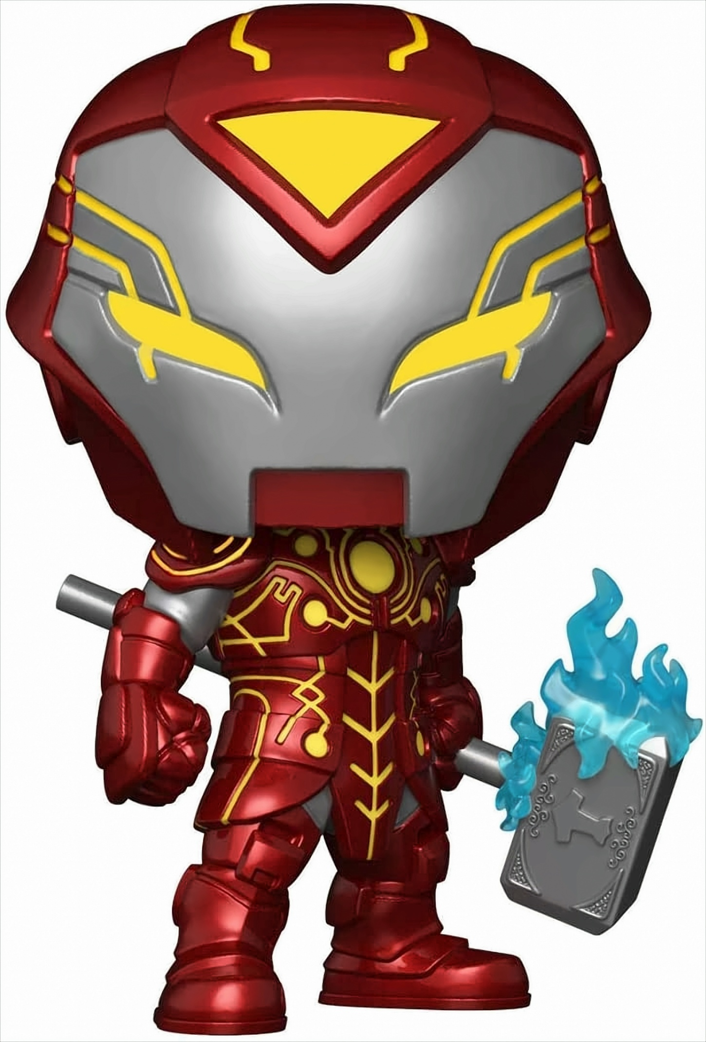 Iron Man Figur mit roter und goldener Rüstung, hält einen Hammer.