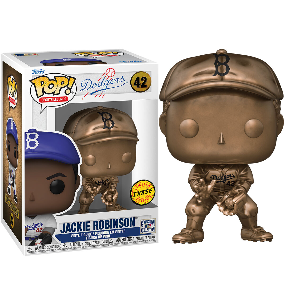 Jackie Robinson Funko Pop Figur in und außerhalb der Box, bronzefarben.