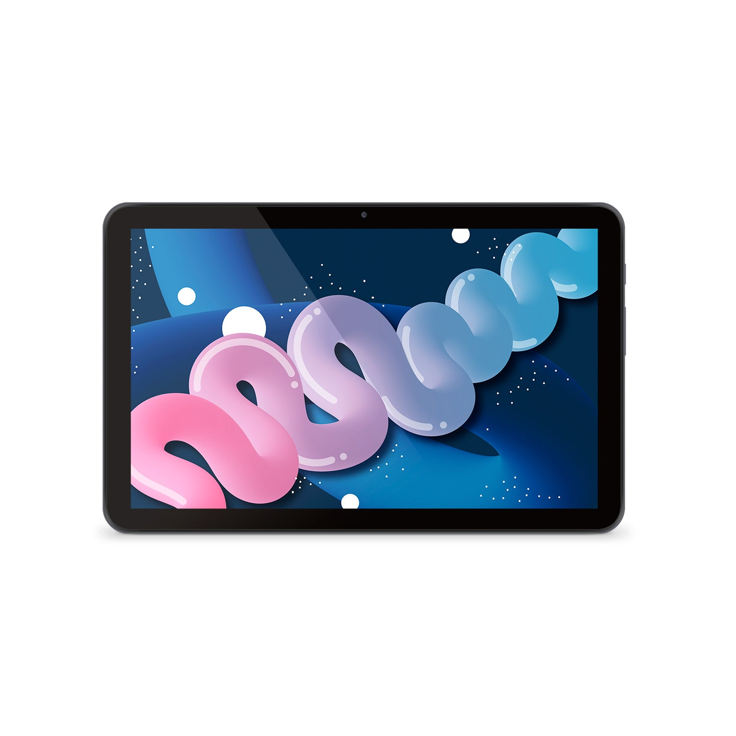 Tableta negra con un diseño abstracto colorido en la pantalla. El diseño tiene formas rosas y azules.