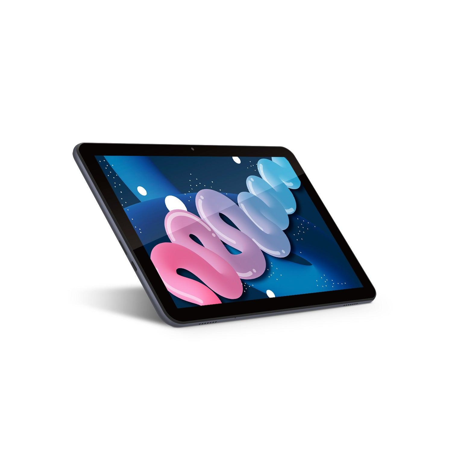 Una tableta con una pantalla azul, que muestra formas de colores. Está inclinada sobre una superficie blanca.