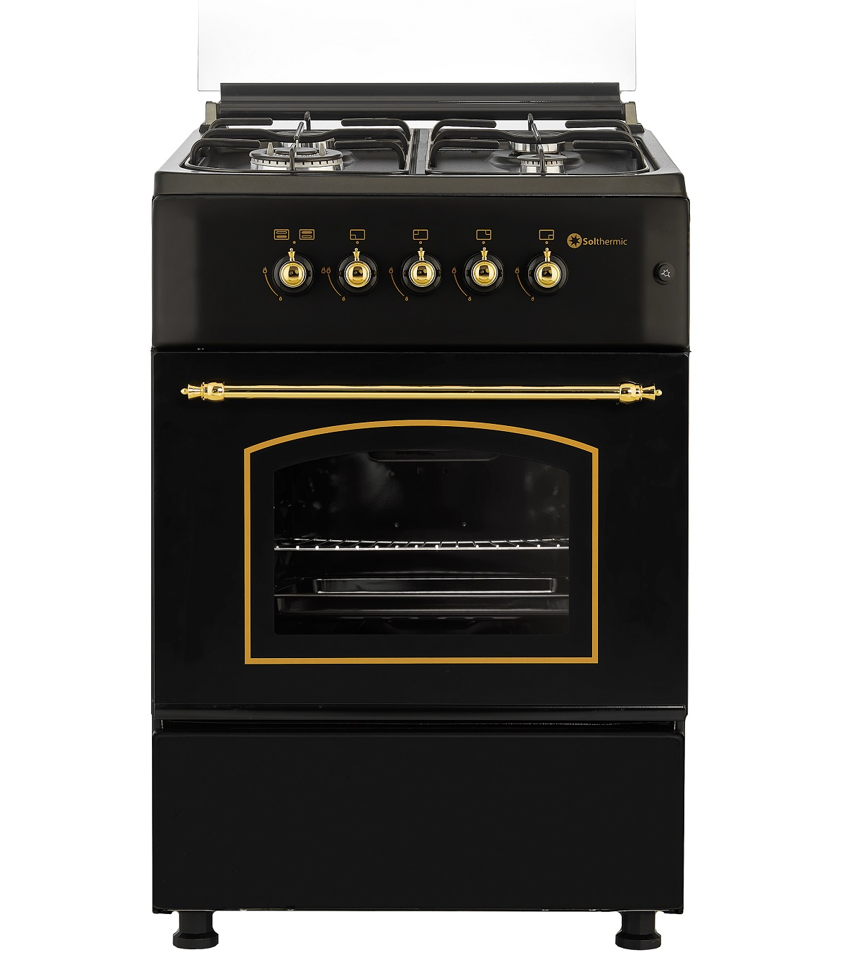 Cocina Gas - F6S40G2 Estilo rustico, 4 Fuegos + Horno SOLTHERMIC, 60 l, Esmalte fácil de limpiar, 60 cm, Negro