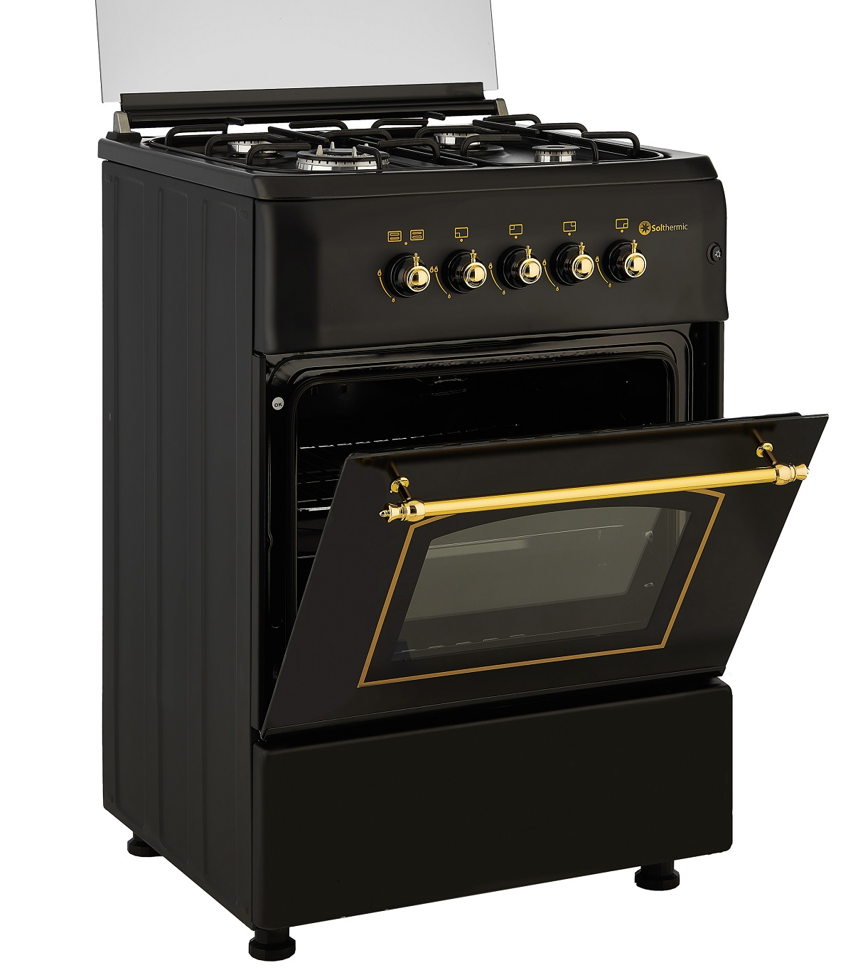 Horno negro con la puerta abierta, mostrando el interior.