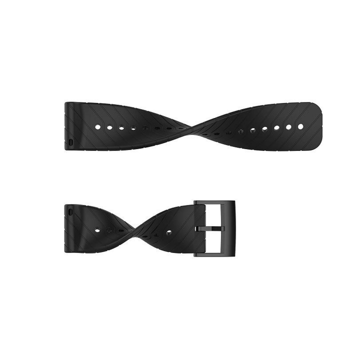 Zwei schwarze Uhrenarmbänder mit Löchern und einer Schnalle.