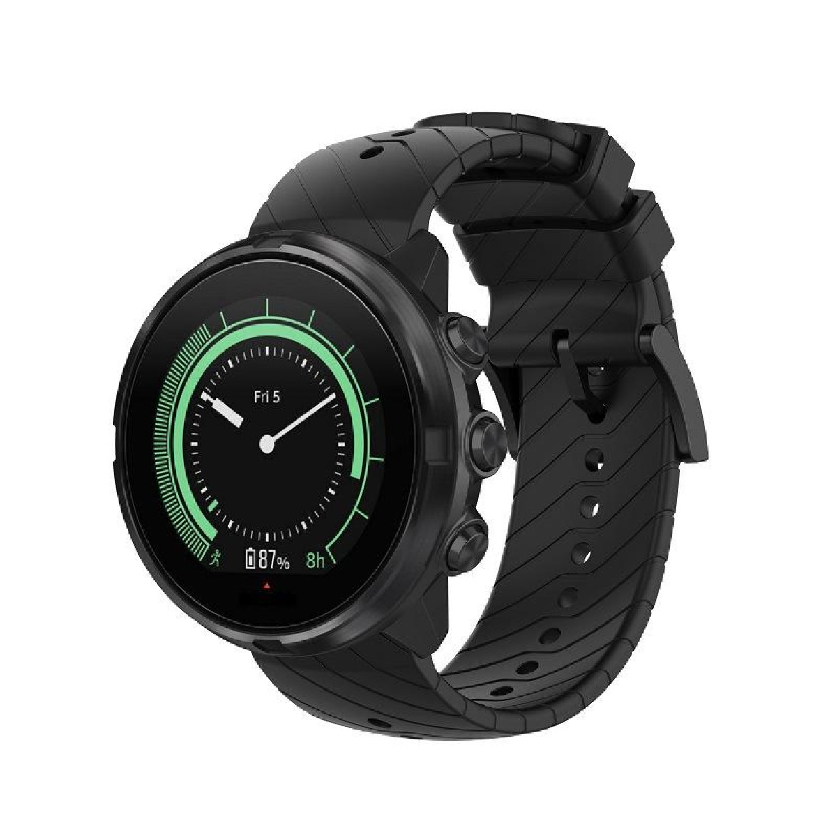 Eine schwarze Smartwatch mit grünem Display. Zeigt die Uhrzeit und den Akkustand an.