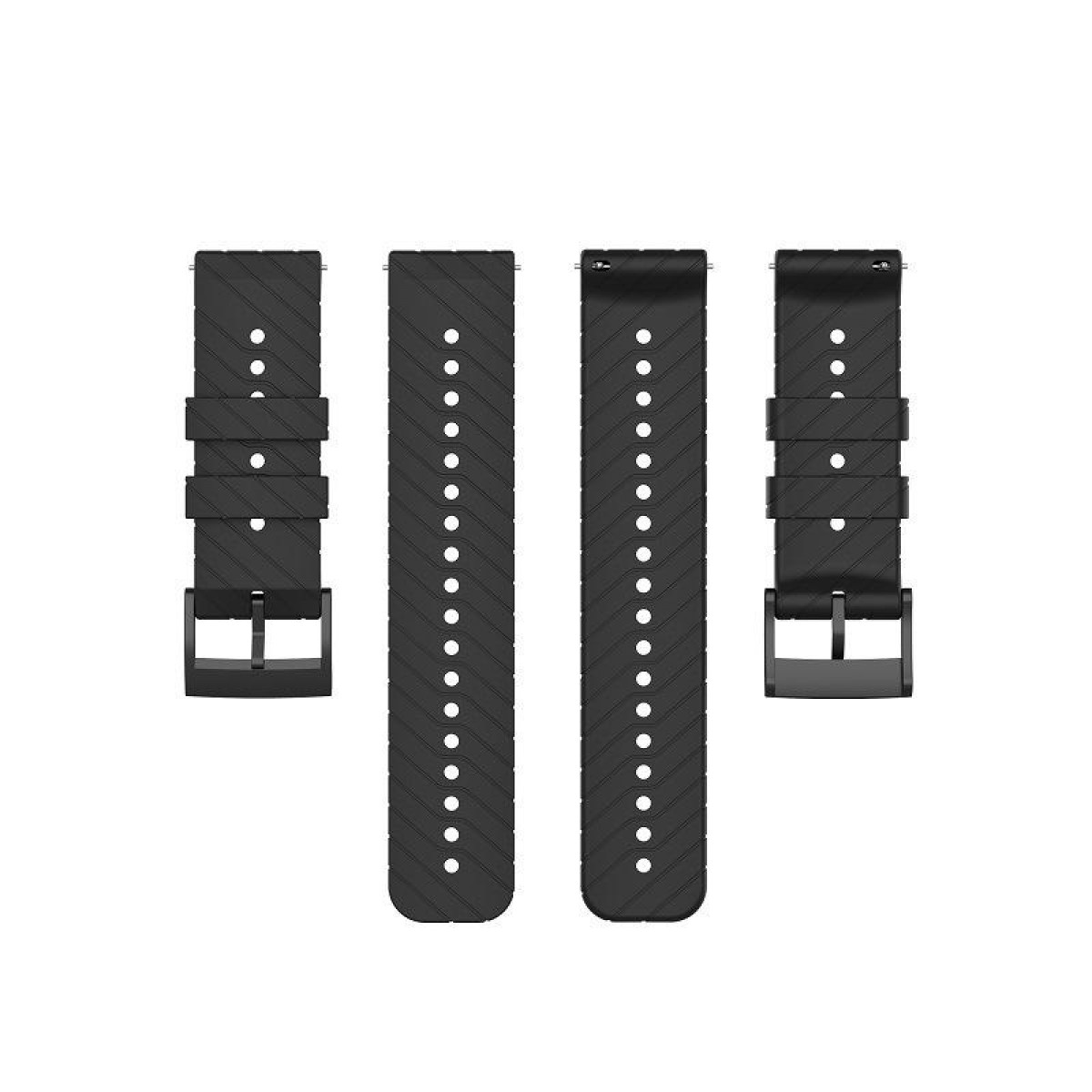 Vier schwarze Uhrenarmbänder mit Schnallen, jedes mit kleinen Löchern zur Anpassung.