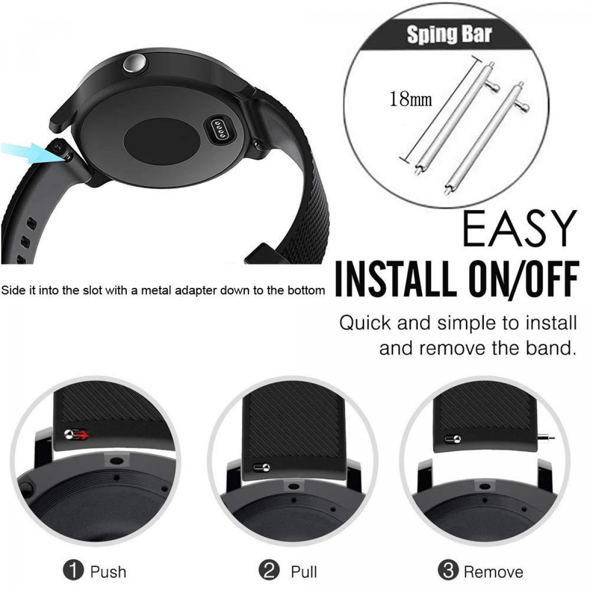 Schemat pokazujący, jak zamontować pasek do zegarka w smartwatchu.