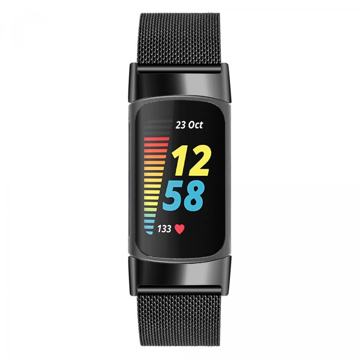 Schwarzer Fitnesstracker mit Farbanzeige, die Zeit, Datum, Herzfrequenz und Herzsymbol zeigt.