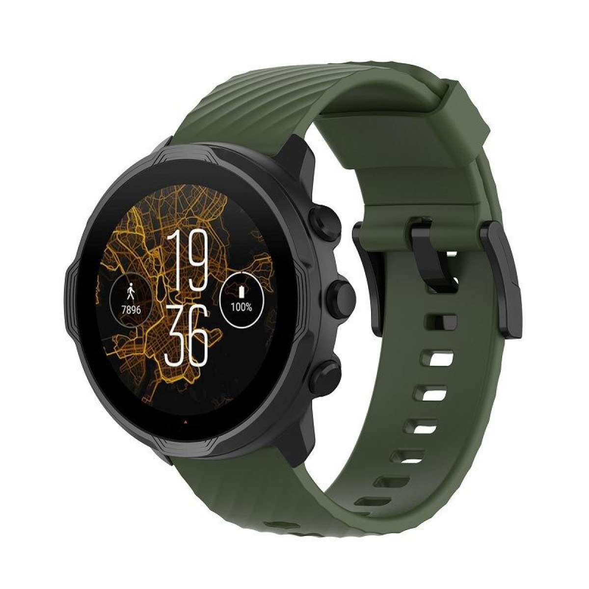Grüne Smartwatch mit schwarzem Zifferblatt, zeigt Zeit, Herzfrequenz und Karte. Grünes Armband.